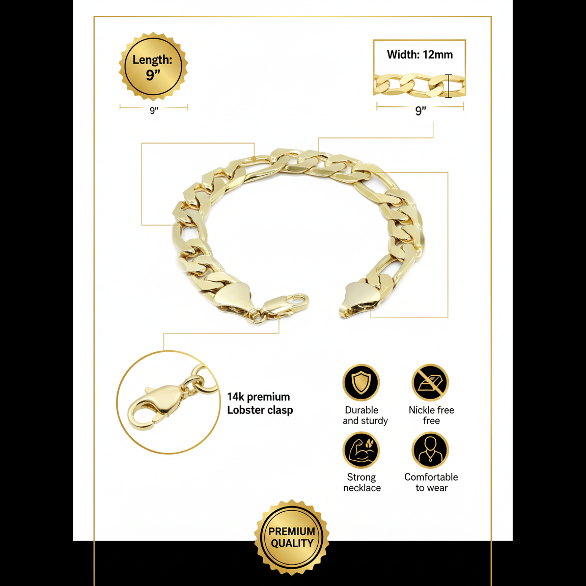 12MM/9"INCHES 14K GOLD FINISH FIGARO LINK BRACELET