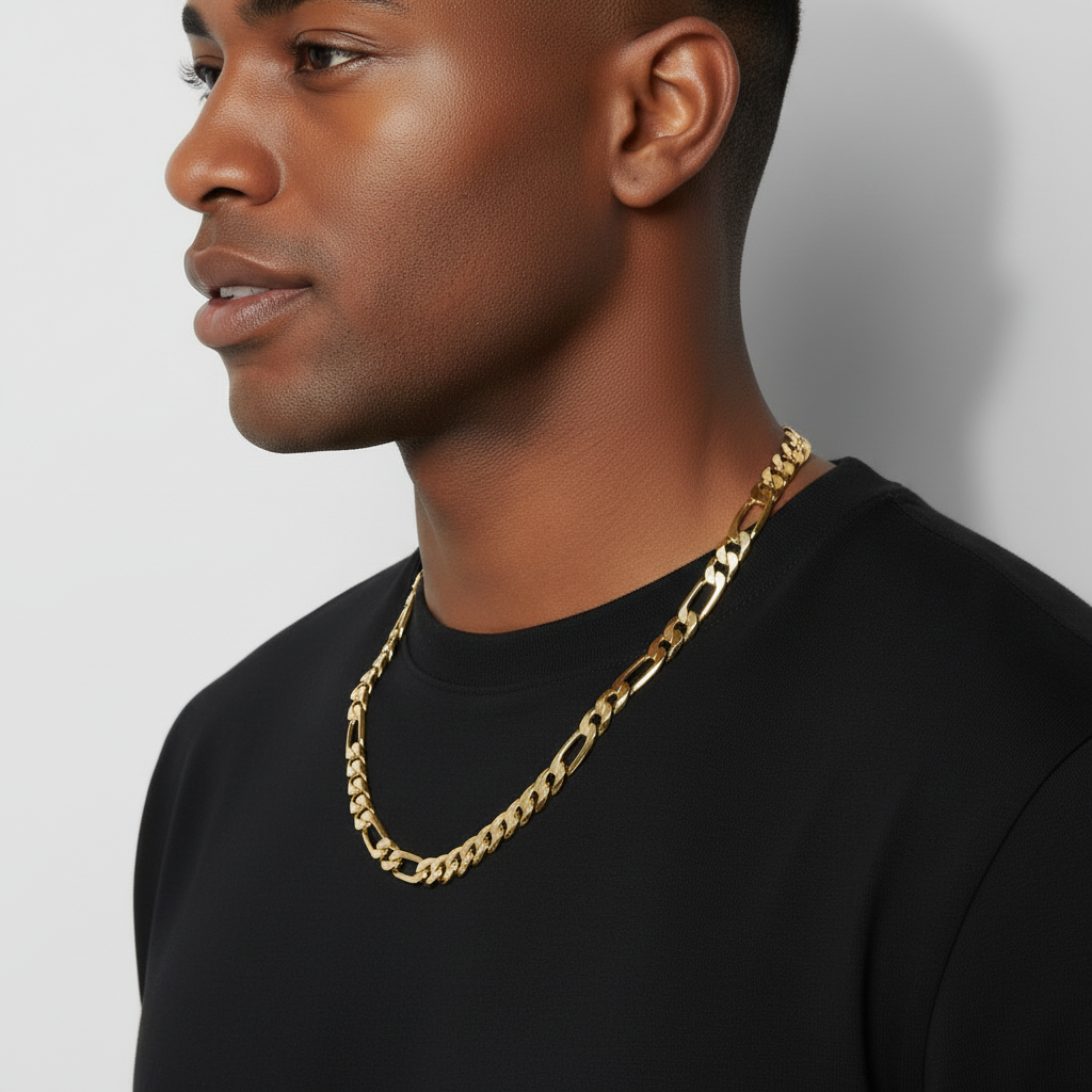 11 MM/24" FIGARO LINK CHAIN NECKLACE 14K REAL GOLD FILLED