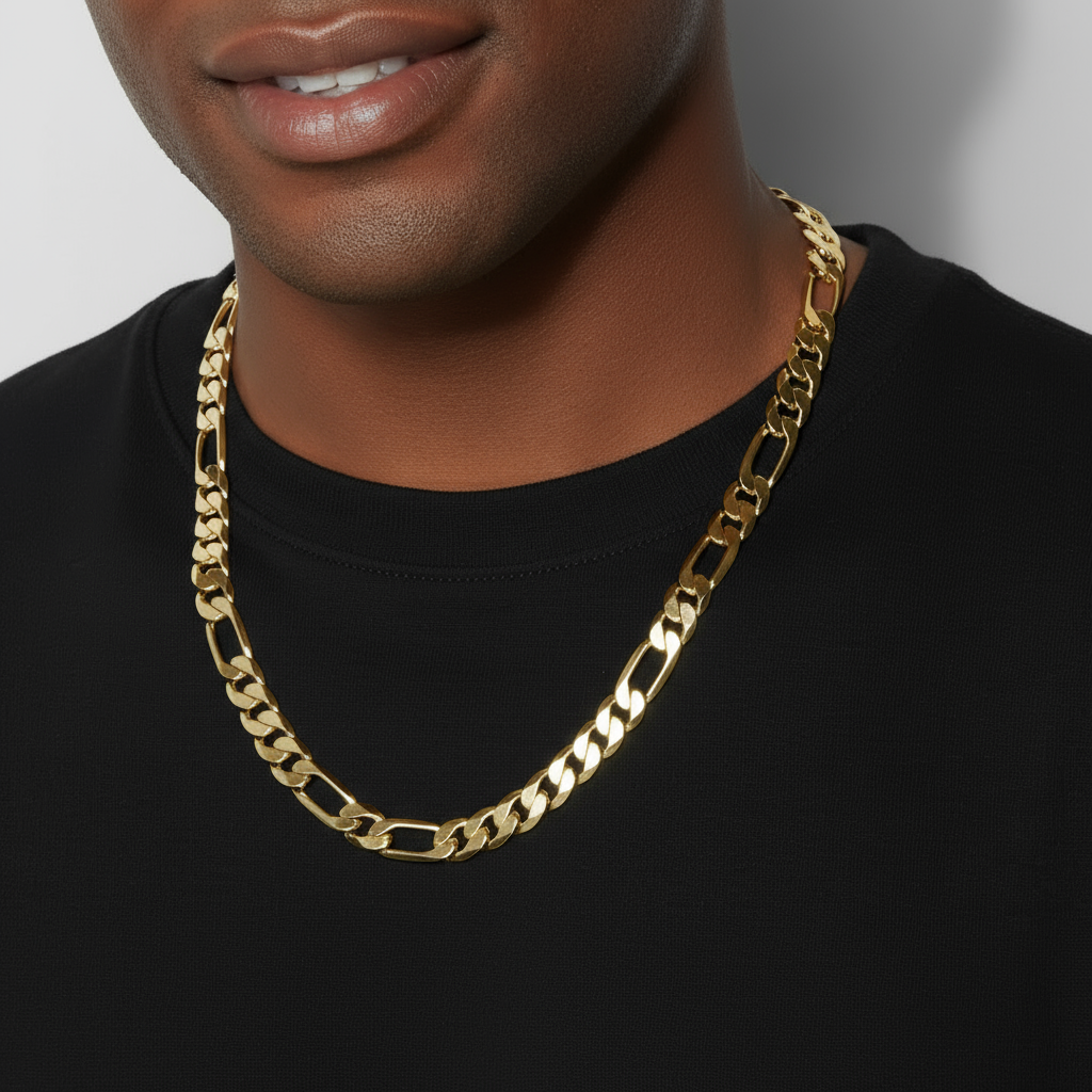 11 MM/24" FIGARO LINK CHAIN NECKLACE 14K REAL GOLD FILLED