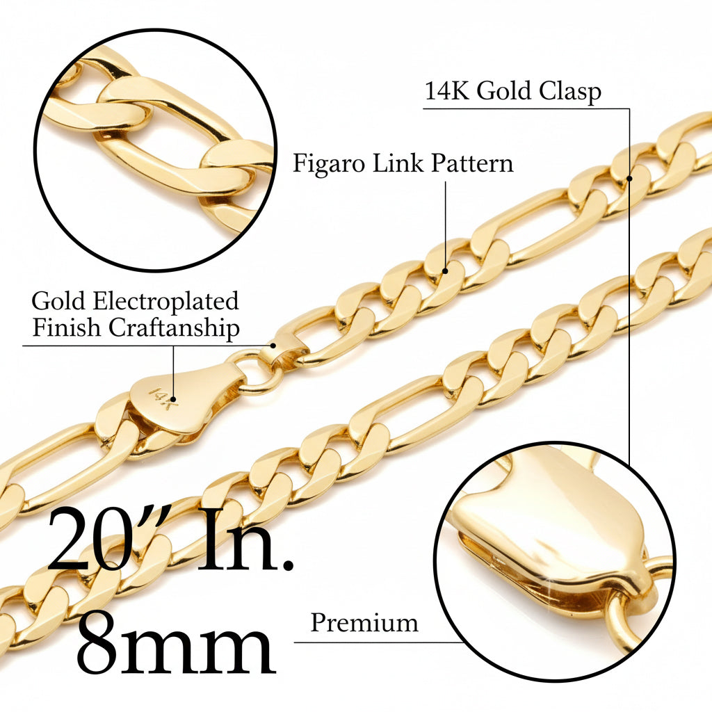 8 MM/20" FIGARO LINK CHAIN NECKLACE SLIM 14K REAL GOLD FILLED