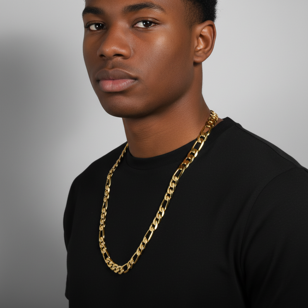 12 MM/30" FIGARO LINK CHAIN NECKLACE SLIM 14K REAL GOLD FILLED