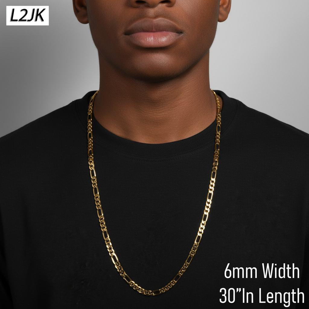 6 MM/30" FIGARO LINK CHAIN NECKLACE SLIM 14K REAL GOLD FILLED