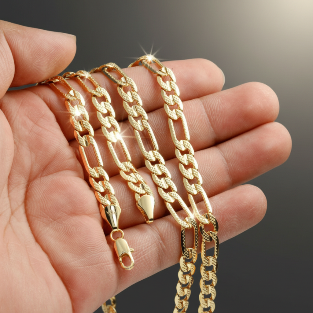 Frosted 6 MM/24" FIGARO LINK CHAIN NECKLACE SLIM 14K REAL GOLD FILLED