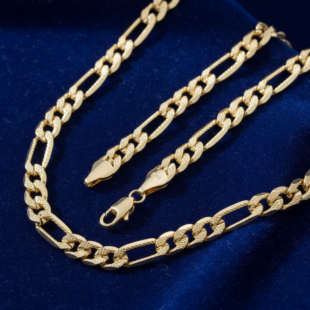FROSTED 7 MM/24" FIGARO LINK CHAIN NECKLACE 14K REAL GOLD FILLED