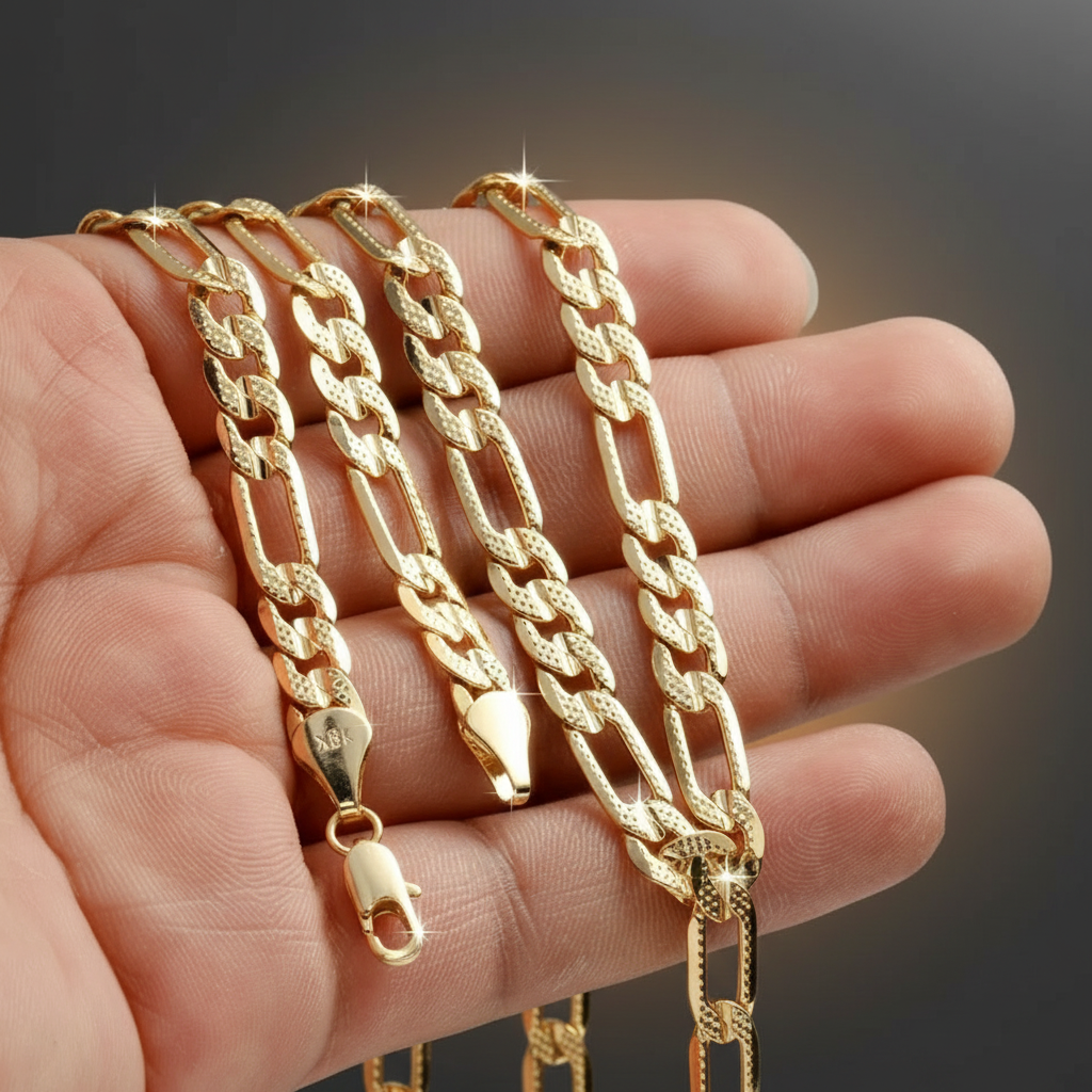 FROSTED 8 MM/24" FIGARO LINK CHAIN NECKLACE 14K REAL GOLD FILLED