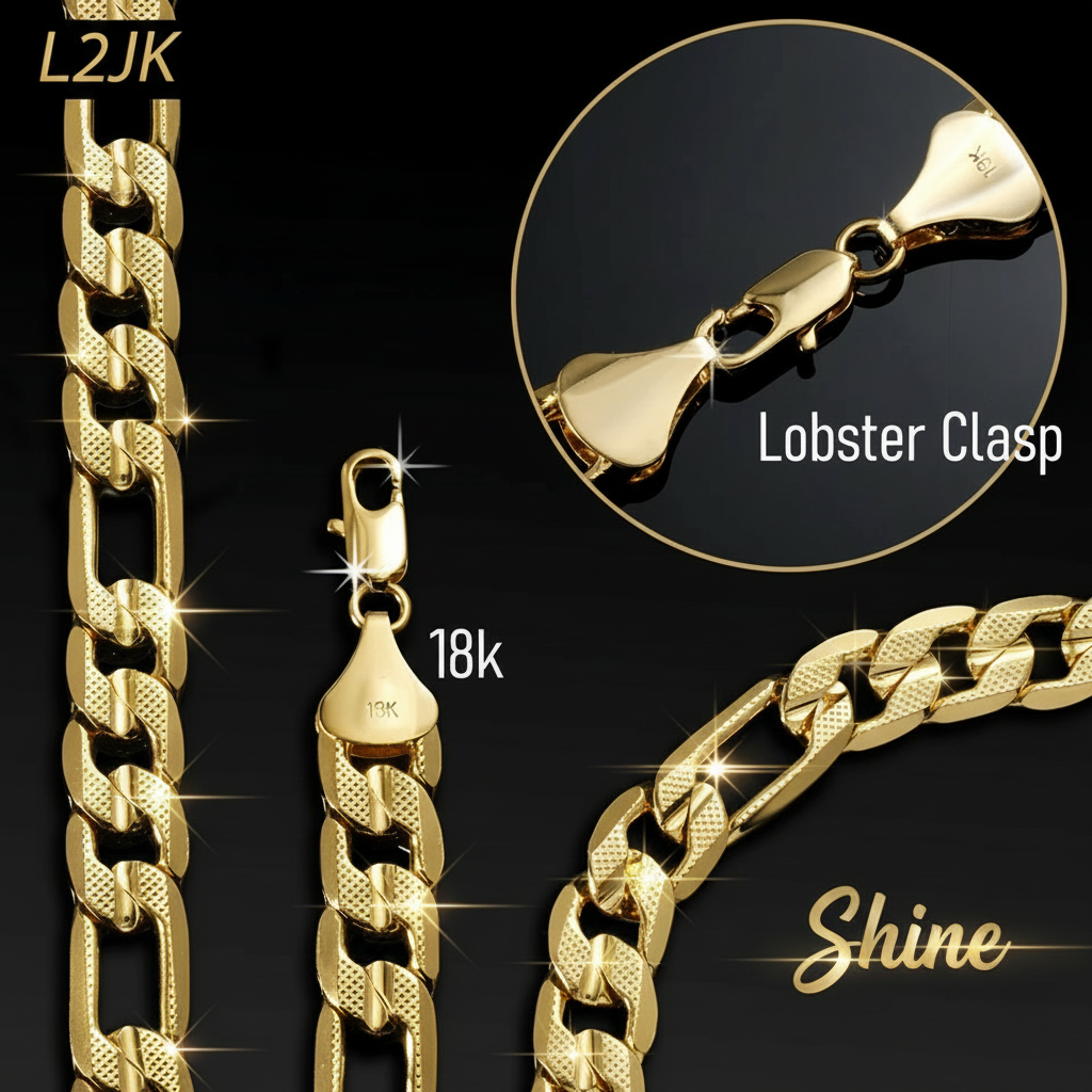 FROSTED 8 MM/24" FIGARO LINK CHAIN NECKLACE 14K REAL GOLD FILLED