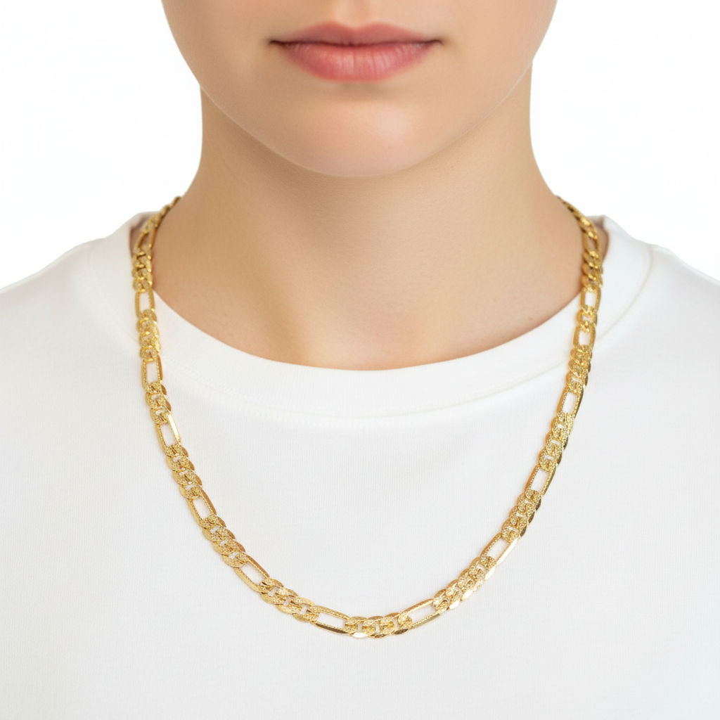 FROSTED 8 MM/24" FIGARO LINK CHAIN NECKLACE 14K REAL GOLD FILLED