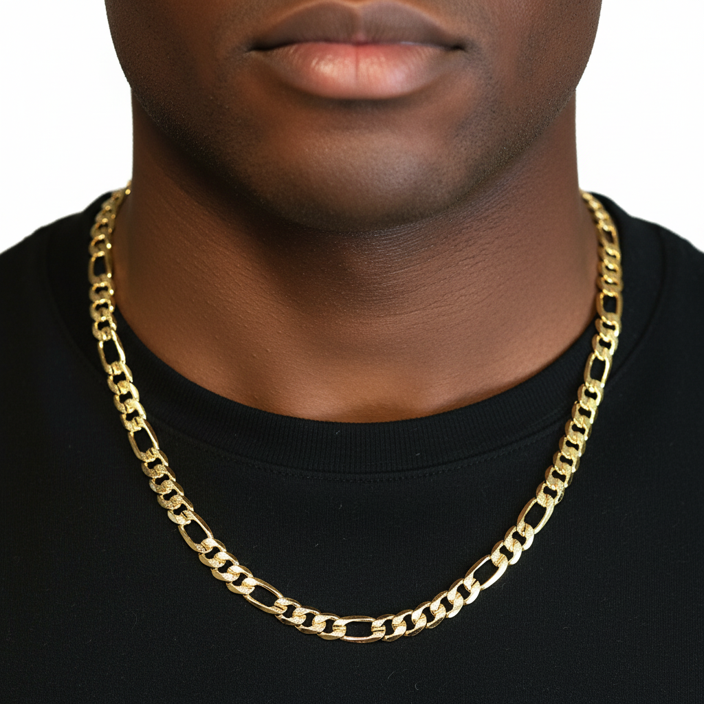 FROSTED 9 MM/24" FIGARO LINK CHAIN NECKLACE 14K REAL GOLD FILLED