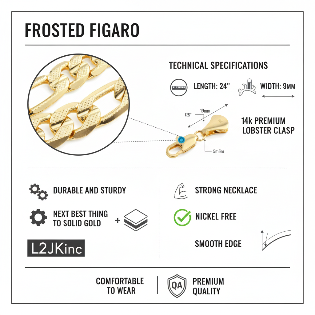 FROSTED 9 MM/24" FIGARO LINK CHAIN NECKLACE 14K REAL GOLD FILLED