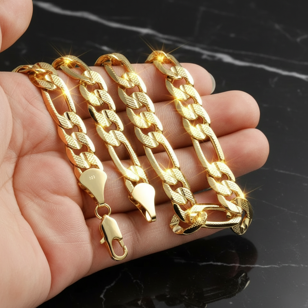 FROSTED 9 MM/24" FIGARO LINK CHAIN NECKLACE 14K REAL GOLD FILLED