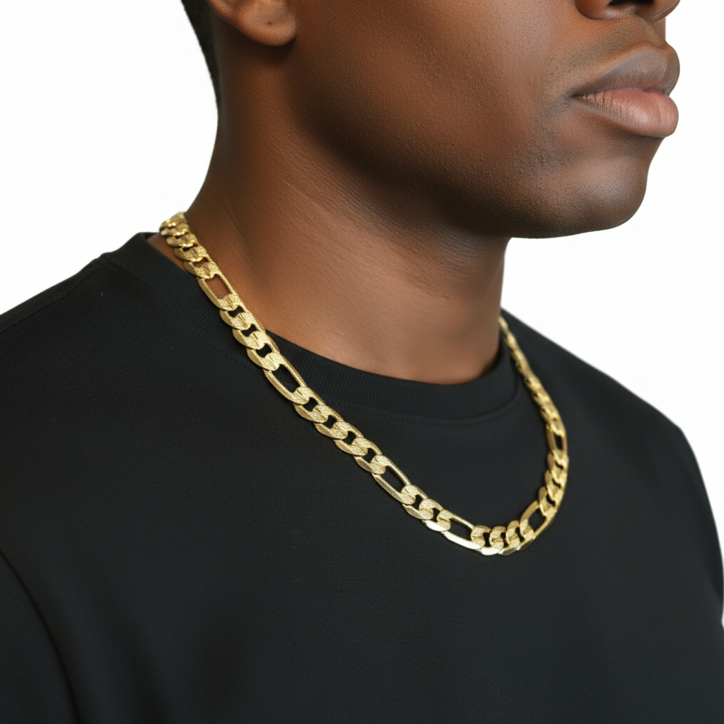 FROSTED 12 MM/24" FIGARO LINK CHAIN NECKLACE 14K REAL GOLD FILLED