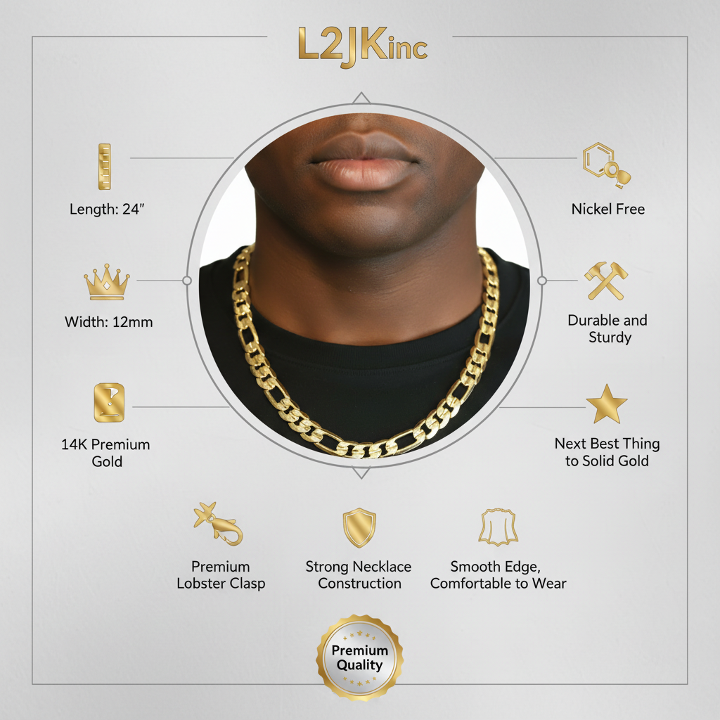 FROSTED 12 MM/24" FIGARO LINK CHAIN NECKLACE 14K REAL GOLD FILLED