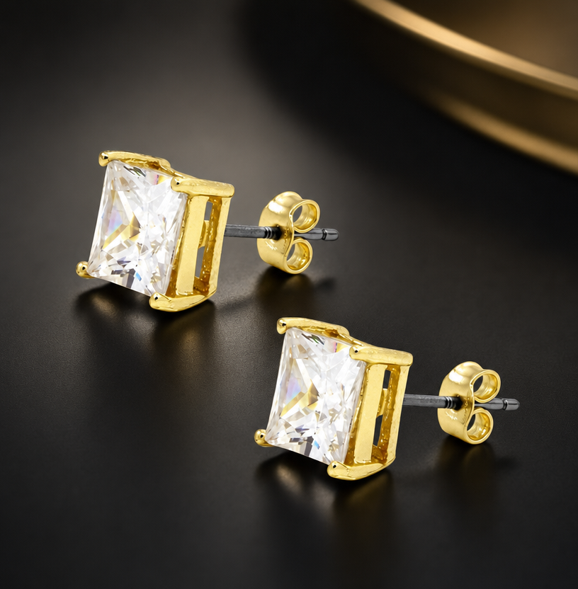 Gold Cz Square Cubic 6pcsBlingkingstar Gold-Plated Square CZ Stud Earrings – 3MM–10MM AAA Cubic Zirconia, Double-Prong Basket Setting, Butterfly Backing, Diamond-Look Fashion Earrings for Men & Women