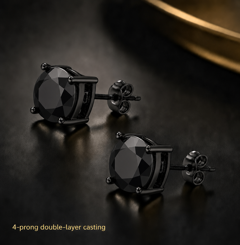 Black Round CZ Stud Earrings – 3MM–10MM AAA Cubic Zirconia, Double-Prong Basket Setting, Diamond-Look Fashion Earrings for Men & Women