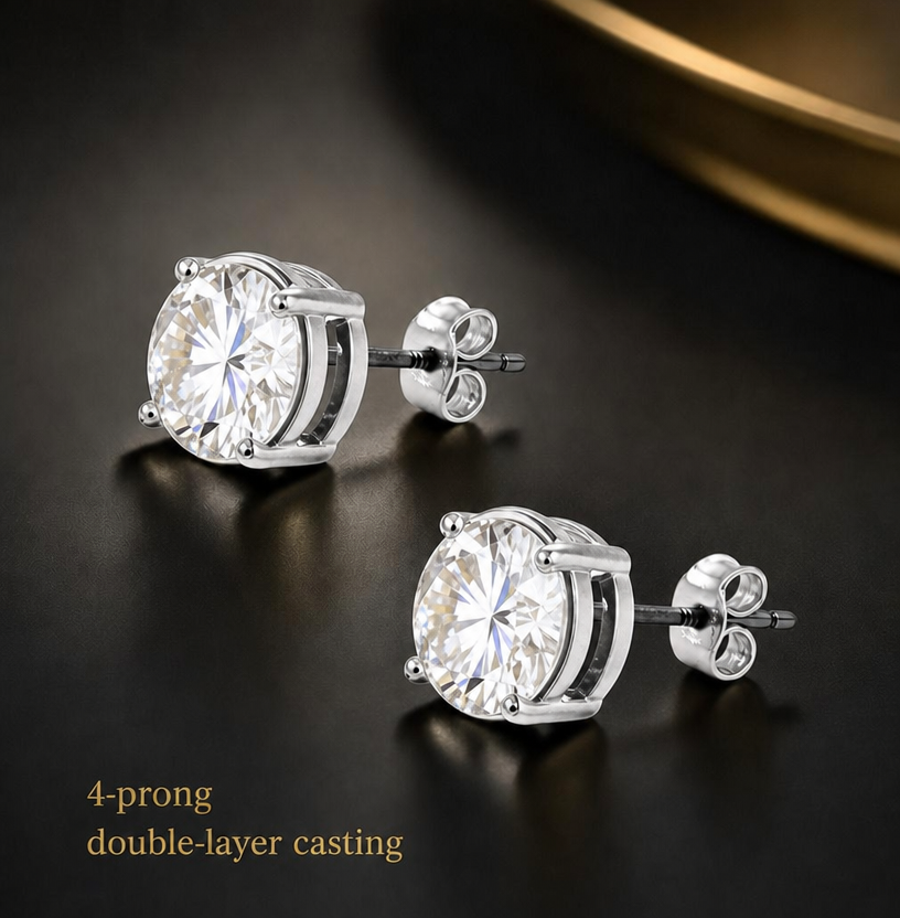 Blingkingstar White Gold-Plated Round CZ Stud Earrings – 3MM–10MM AAA Cubic Zirconia, Double-Prong Basket Setting, Push-Back Posts for Men & Women