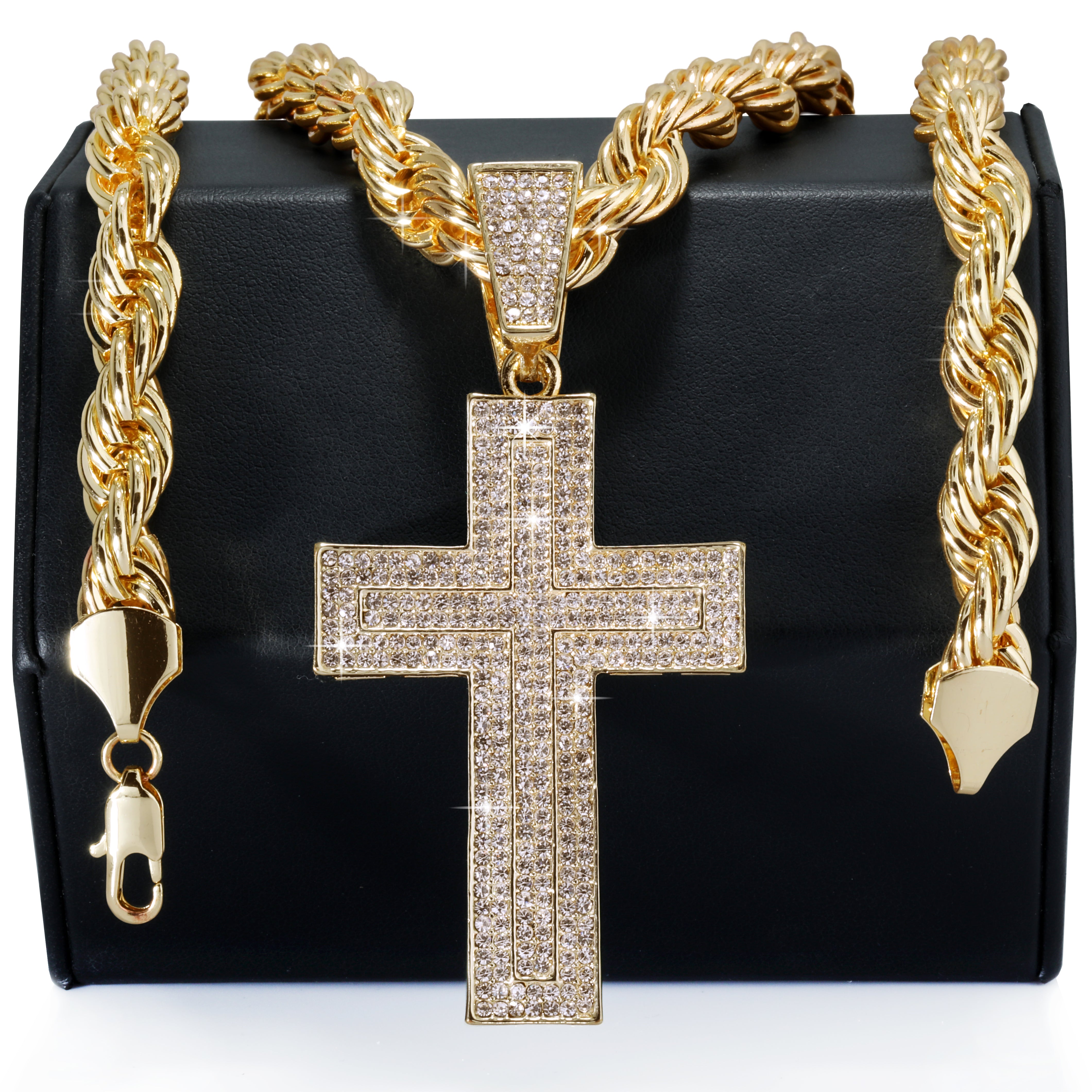 Curved Cross Fully Iced | 14K Rope Necklace Gold Plated 10mm