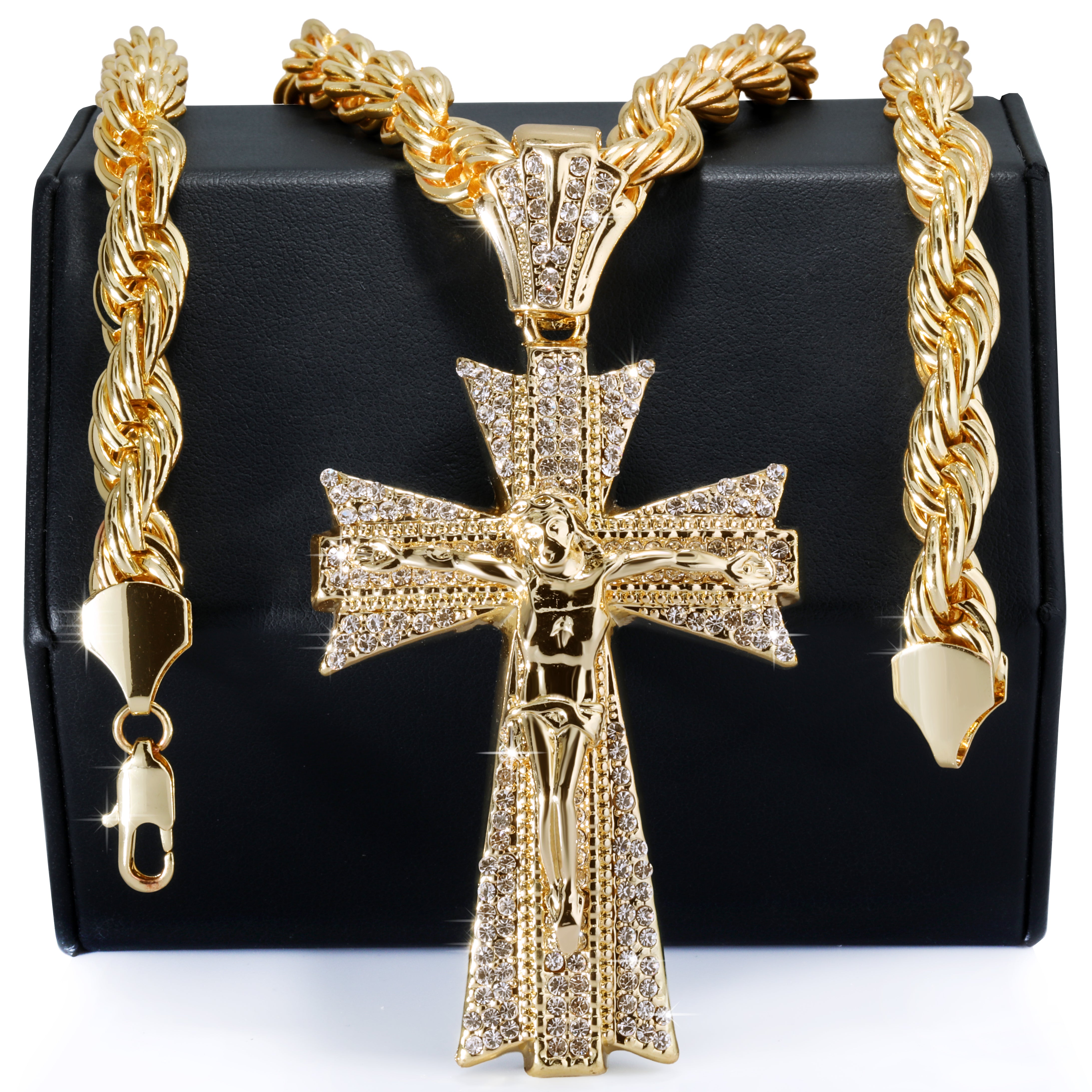 Jesus Clover Cross Fully Iced | 14K Rope Necklace Gold Plated 10mm