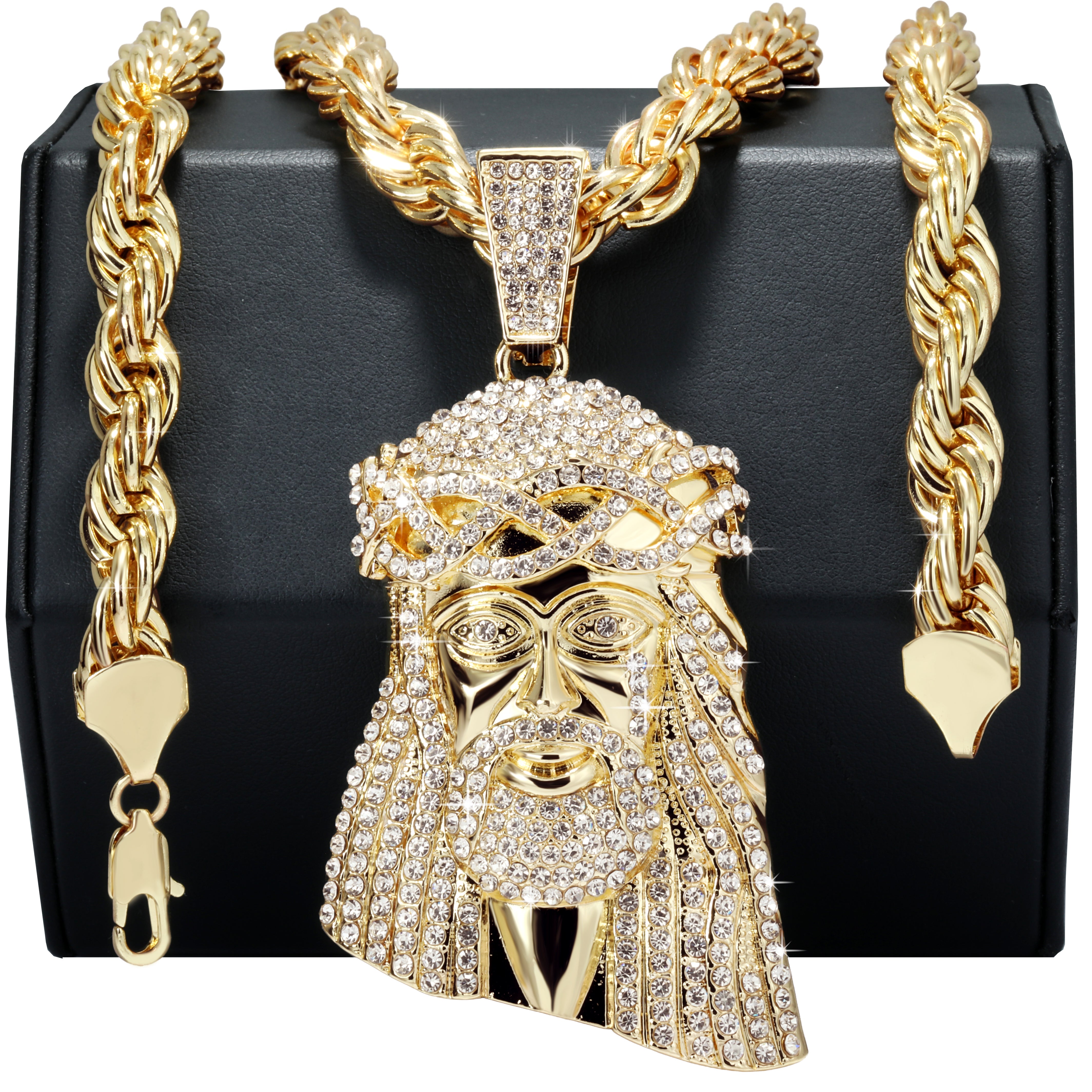 14k Tear Jesus Piece Necklace | 10mm Rope Chain Gold Plated