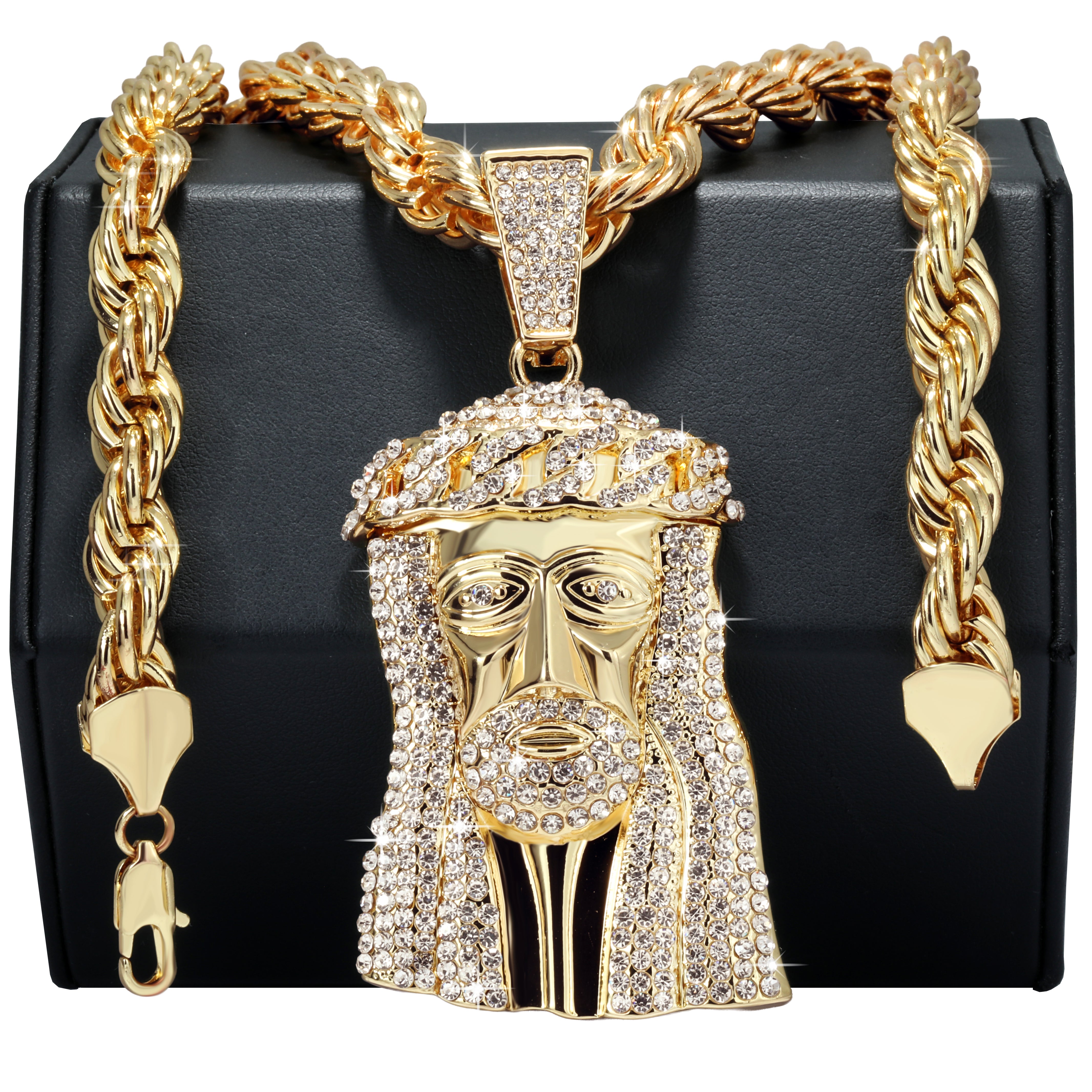 Jesus Piece Fully Iced Cuban Crown | 10mm Rope Necklace Gold Plated