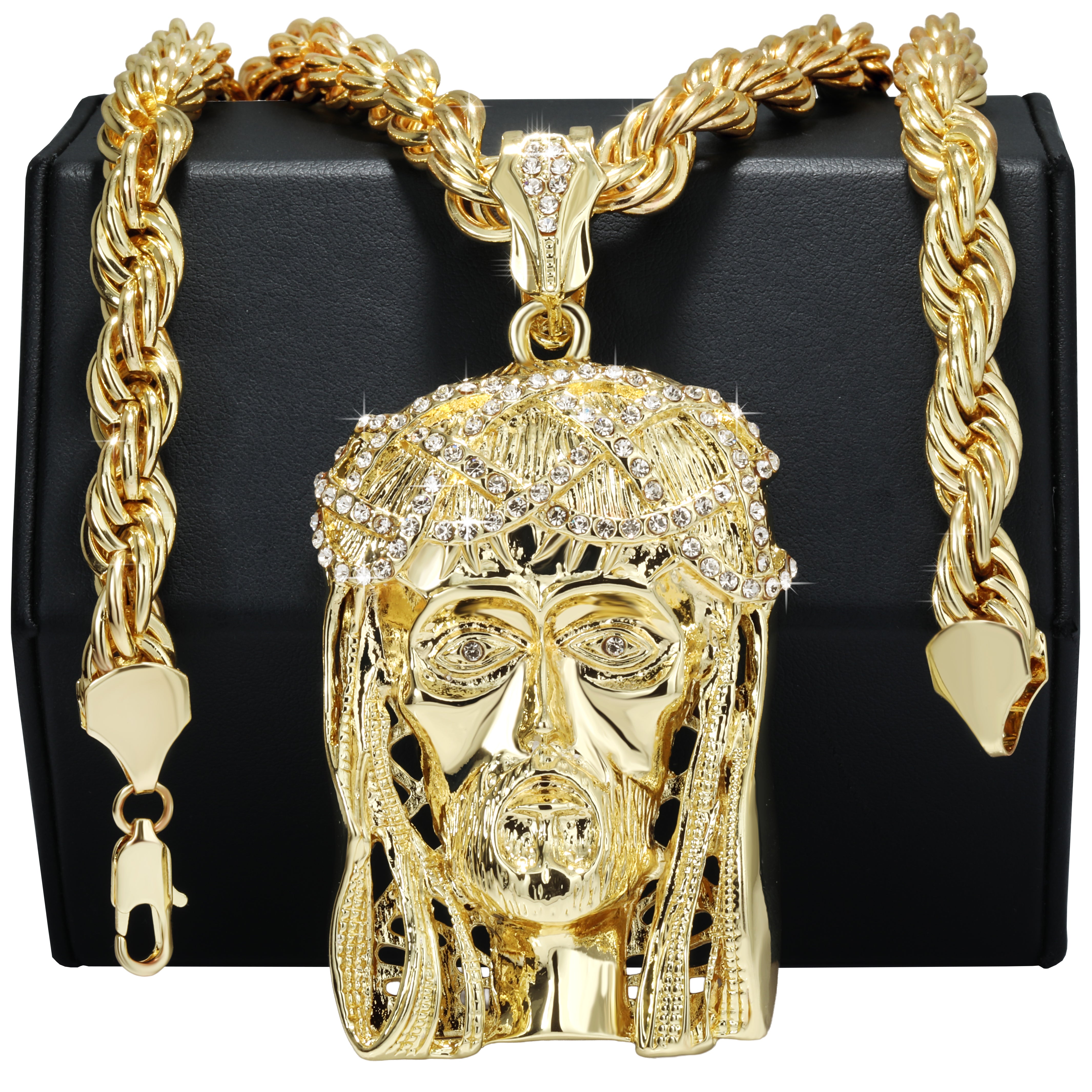 Crowned Jesus Piece Fully Iced | 10mm Rope Necklace Gold Plated