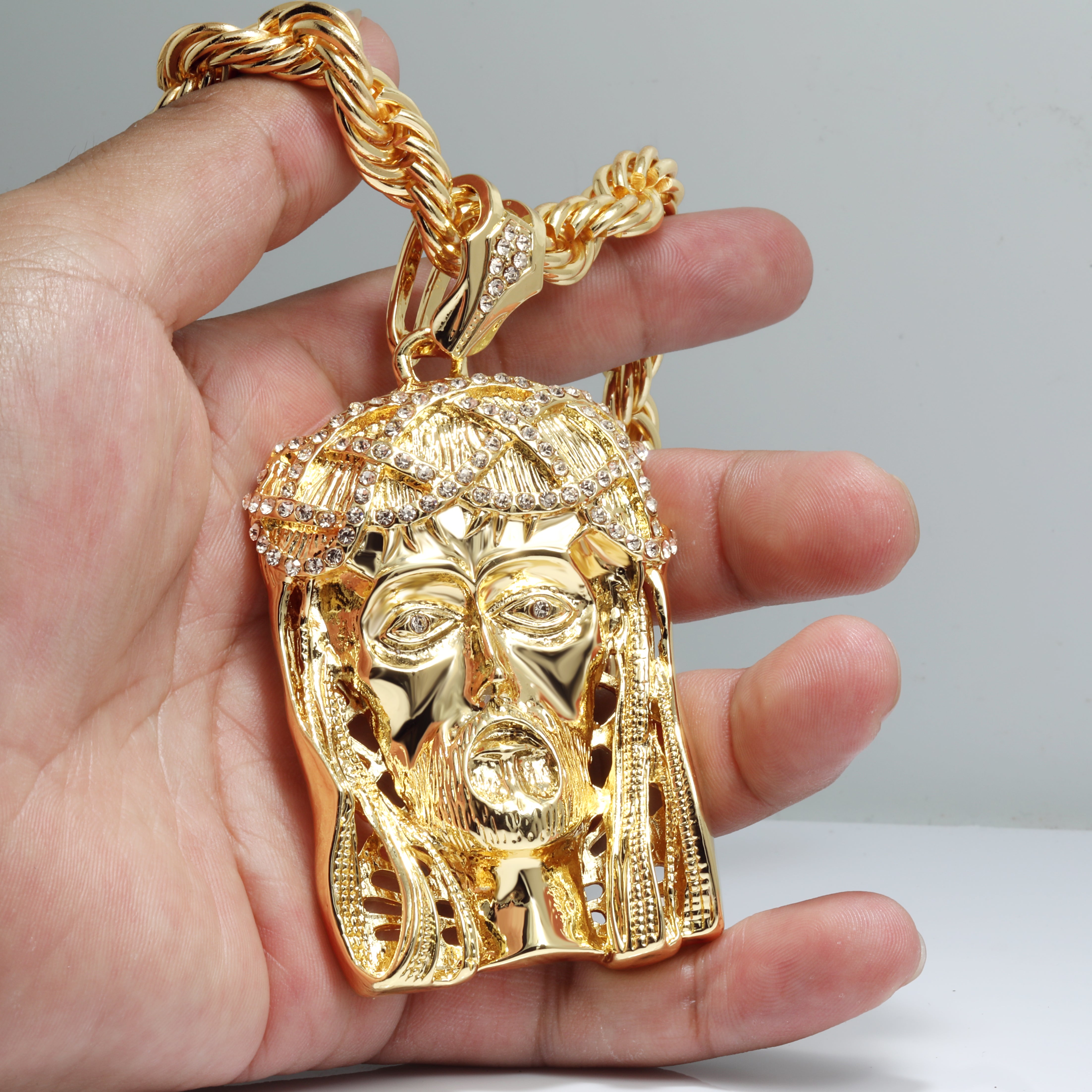 Crowned Jesus Piece Fully Iced | 10mm Rope Necklace Gold Plated