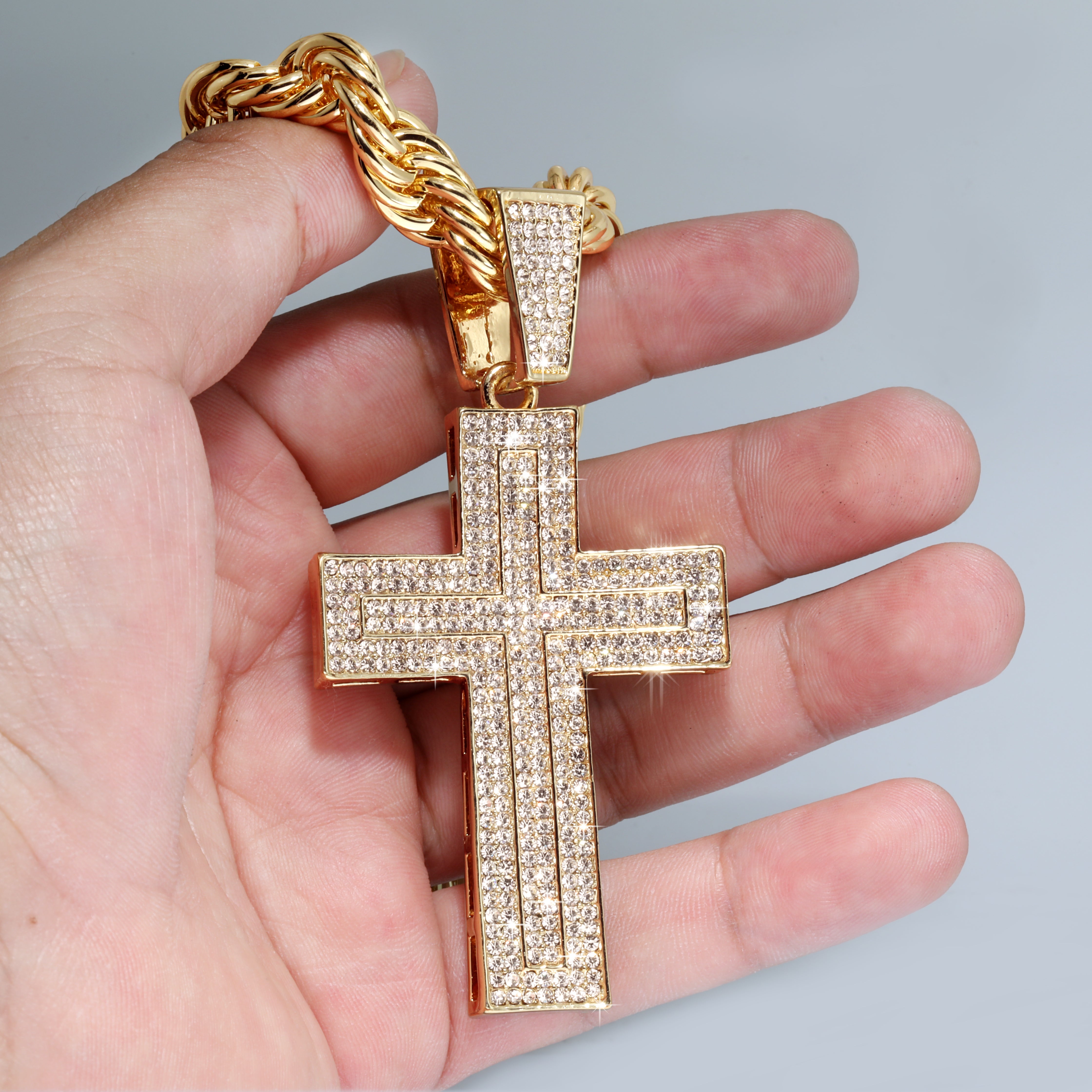Curved Cross Fully Iced | 14K Rope Necklace Gold Plated 10mm