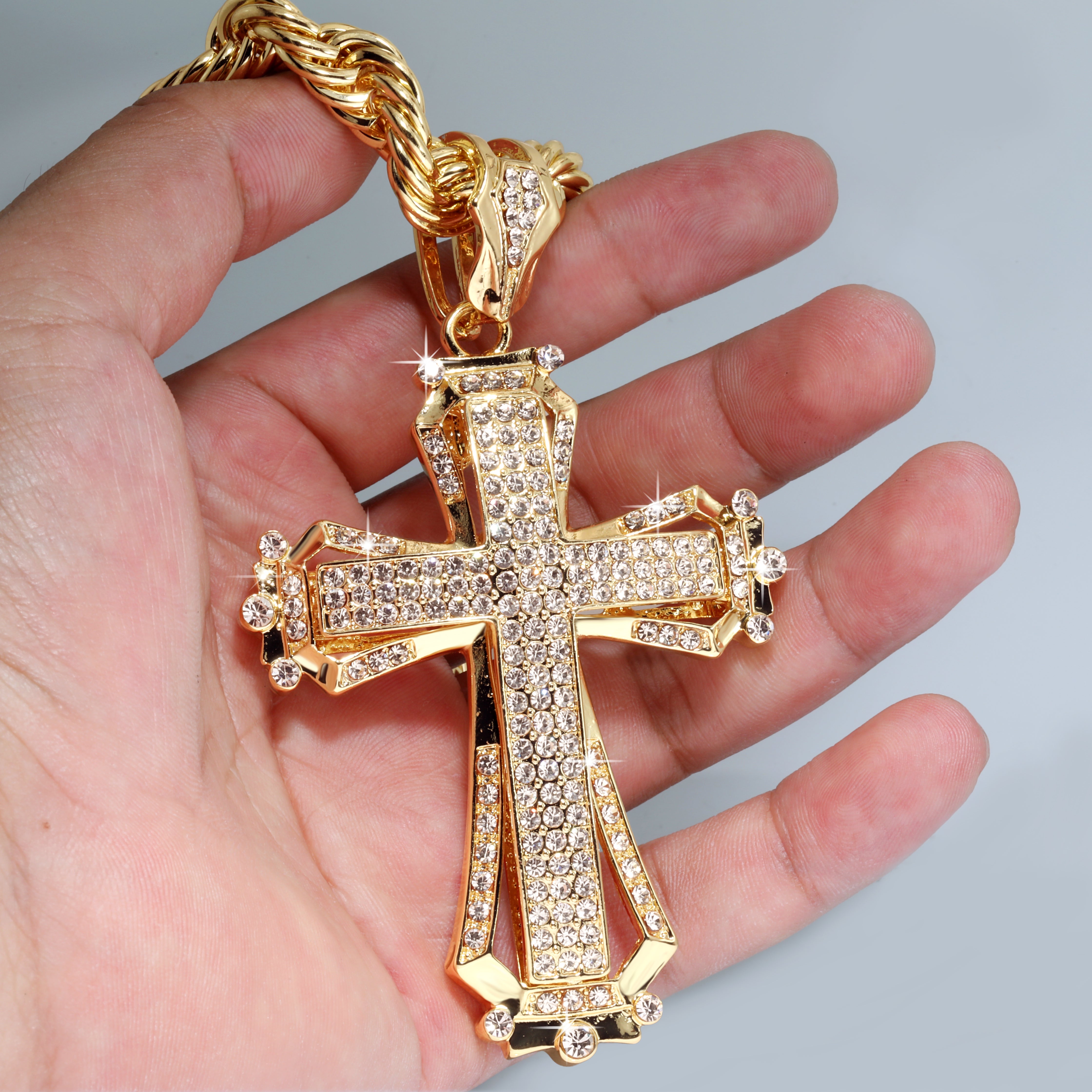 Hollow Cross Fully Iced | 14K Rope Necklace Gold Plated 10mm