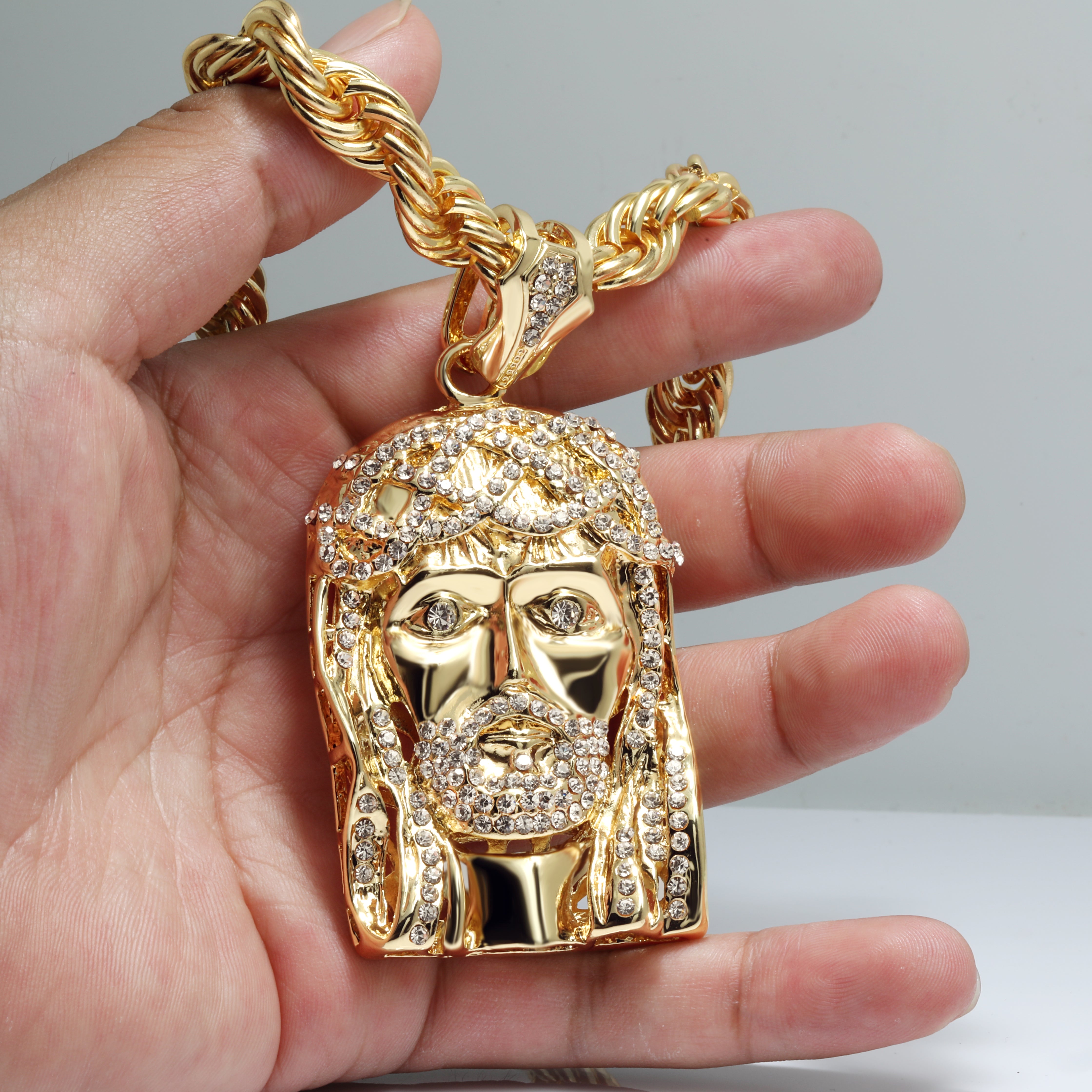 Jesus Piece Fully Iced Beard | 14K Rope Necklace Gold Plated 10mm