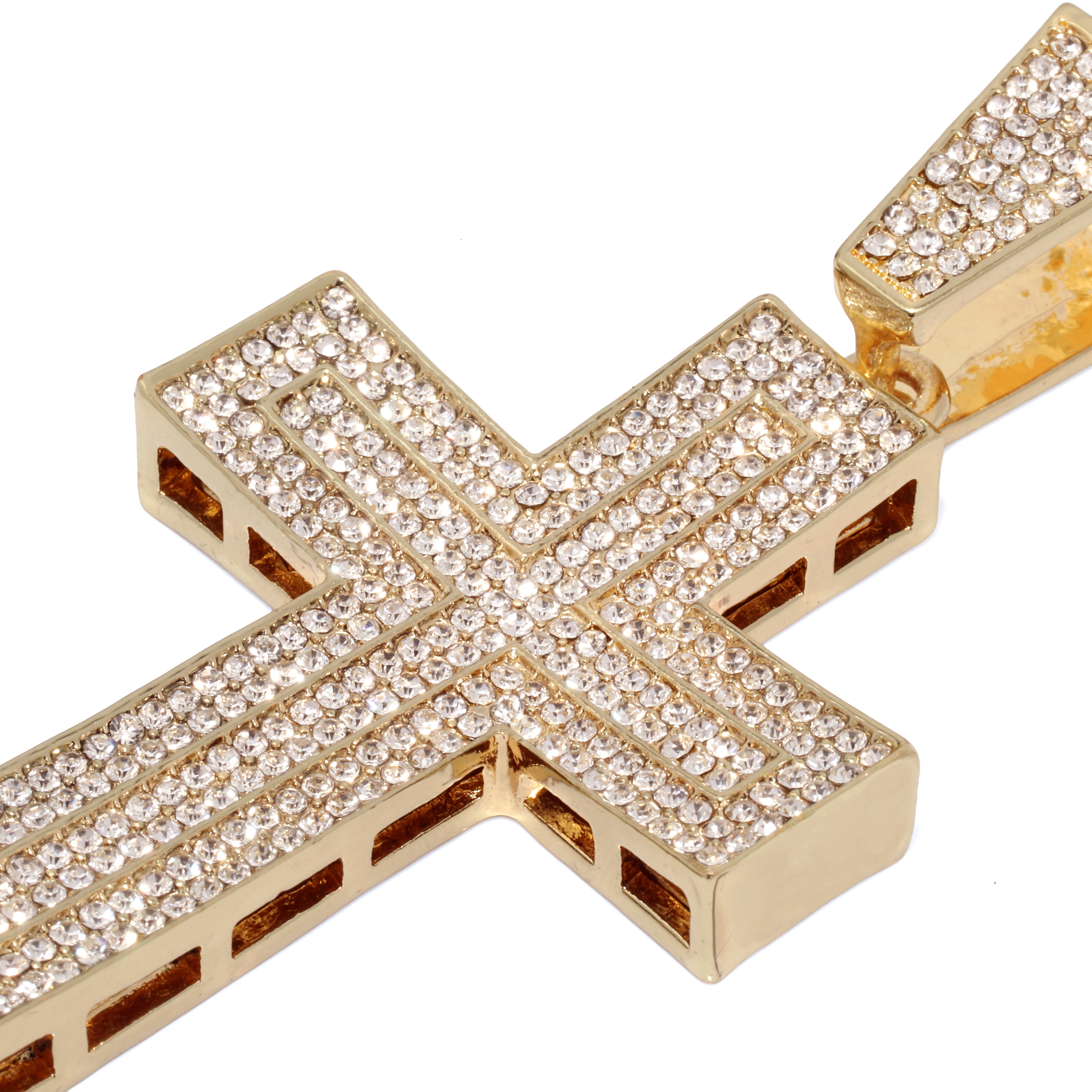 Curved Cross Fully Iced | 14K Rope Necklace Gold Plated 10mm