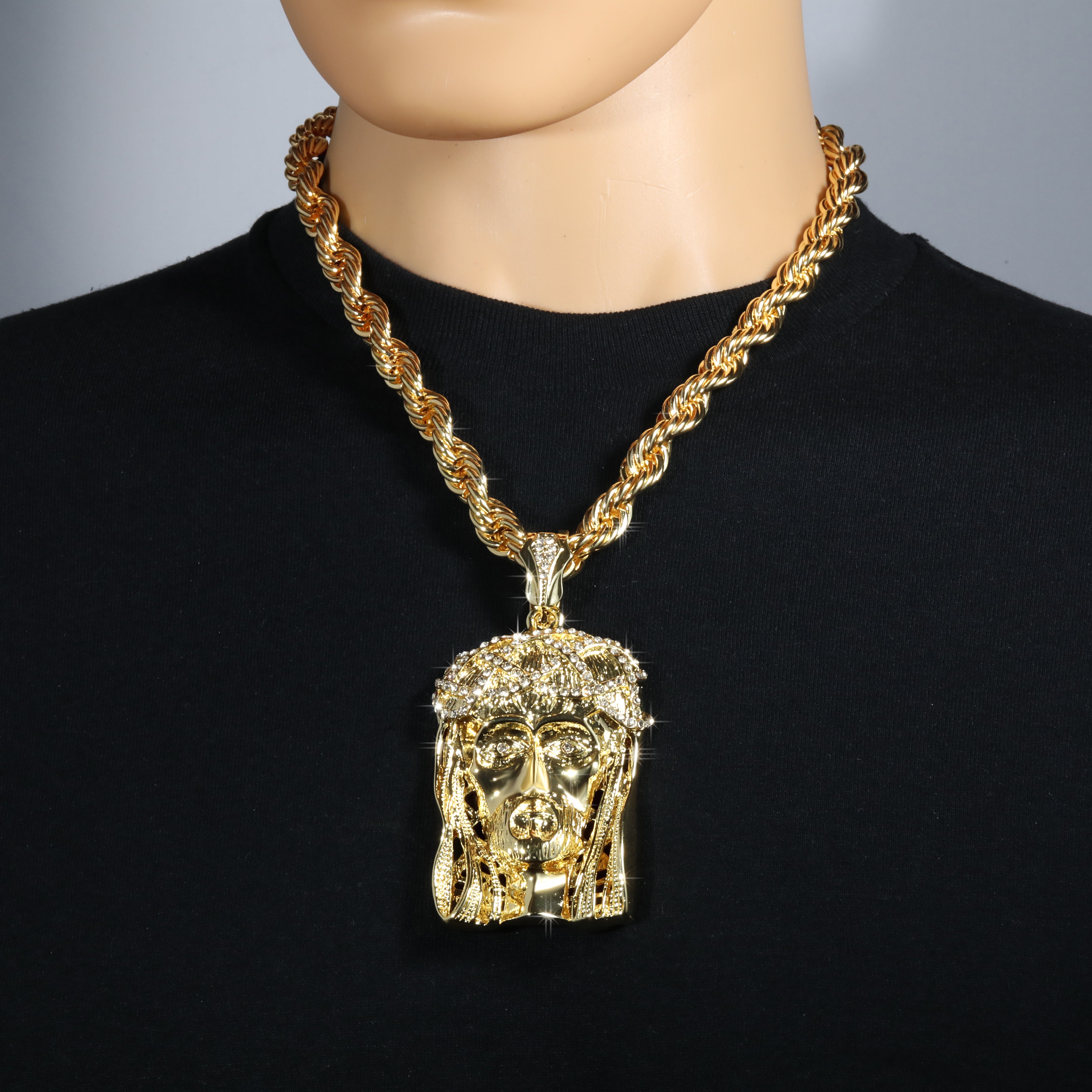 Crowned Jesus Piece Fully Iced | 10mm Rope Necklace Gold Plated