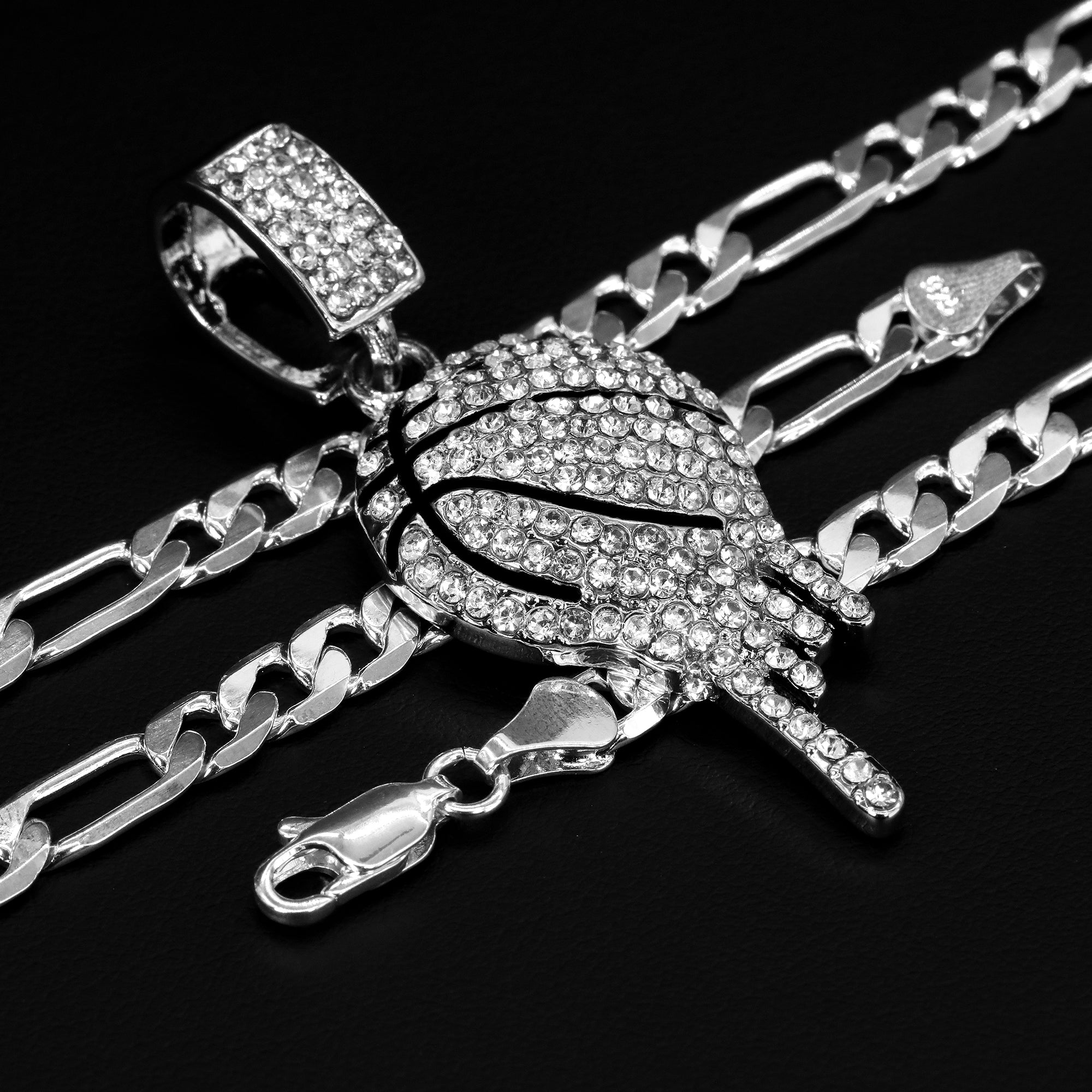Cubic-Zirconia Drip Basketball Pendant Silver Plated 925 Figaro Choker 20" Chain