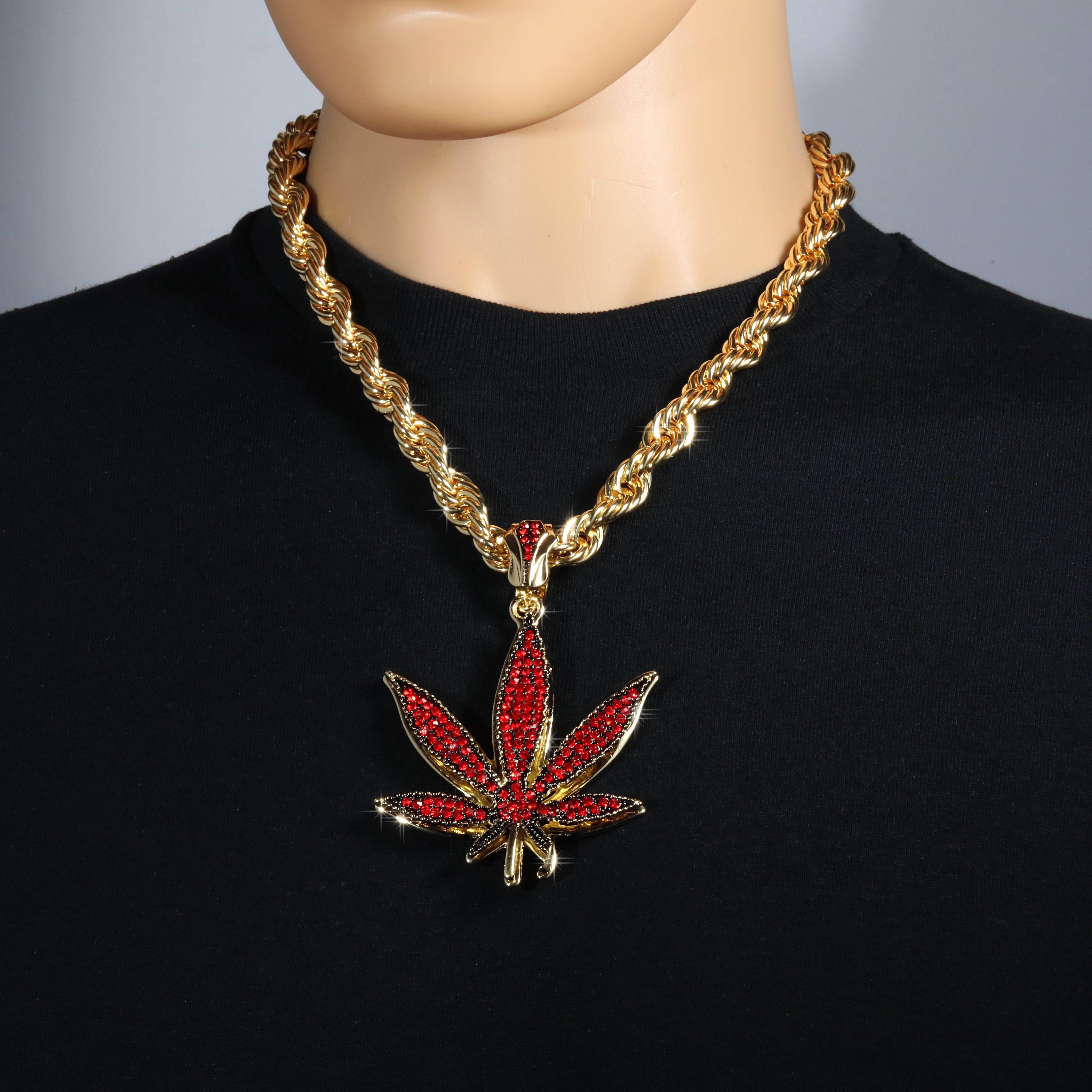 Red Marijuana Leaf Necklace | 10mm Rope Necklace Gold Plated