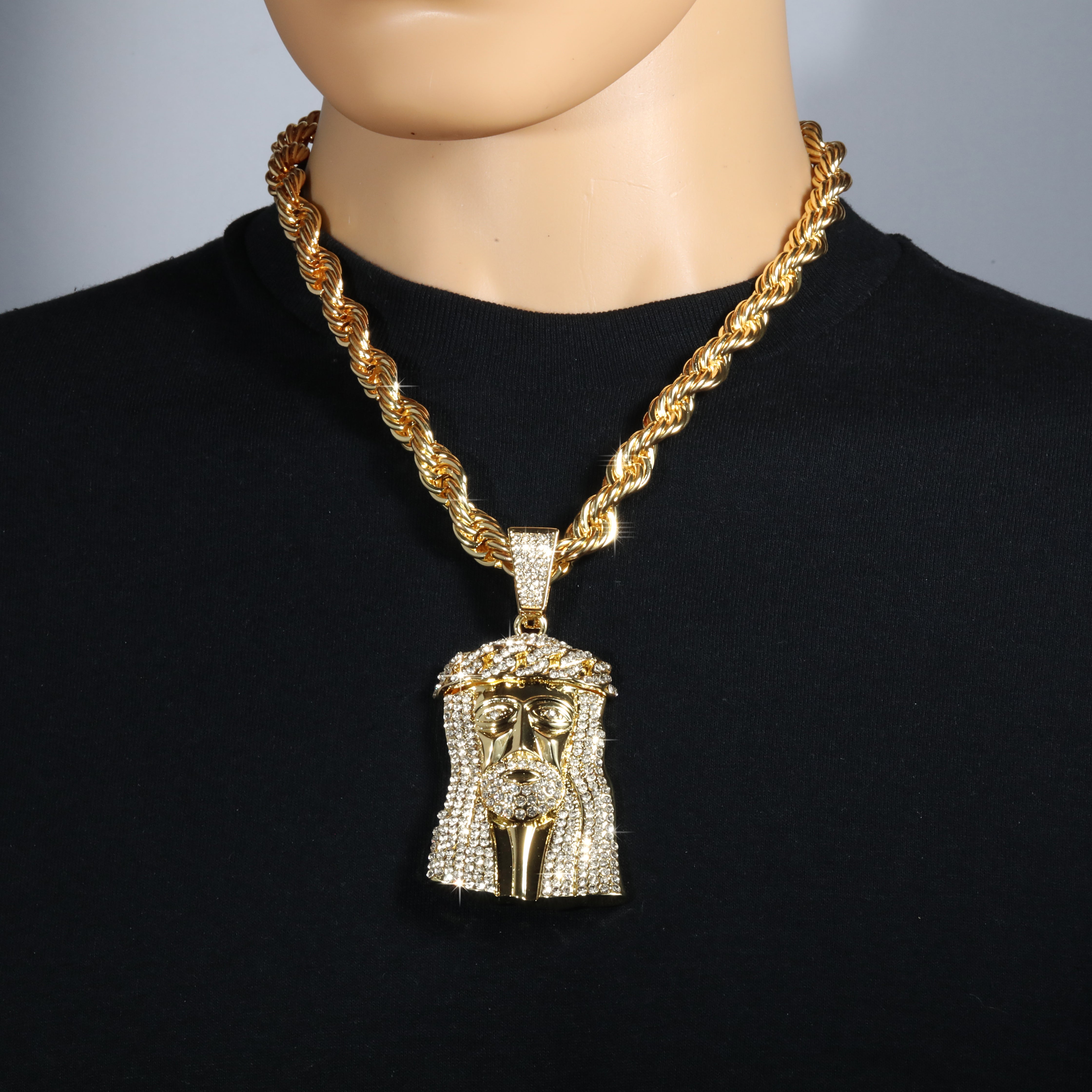 Jesus Piece Fully Iced Cuban Crown | 10mm Rope Necklace Gold Plated