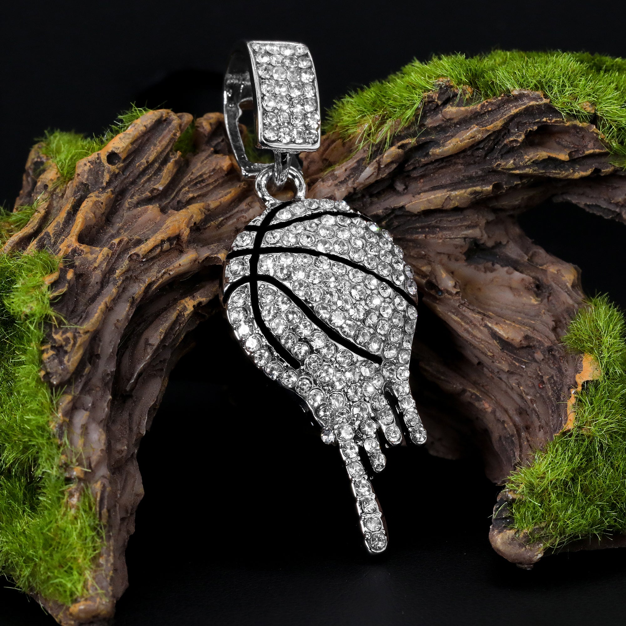 Cubic-Zirconia Drip Basketball Pendant Silver Plated 925 Figaro Choker 20" Chain