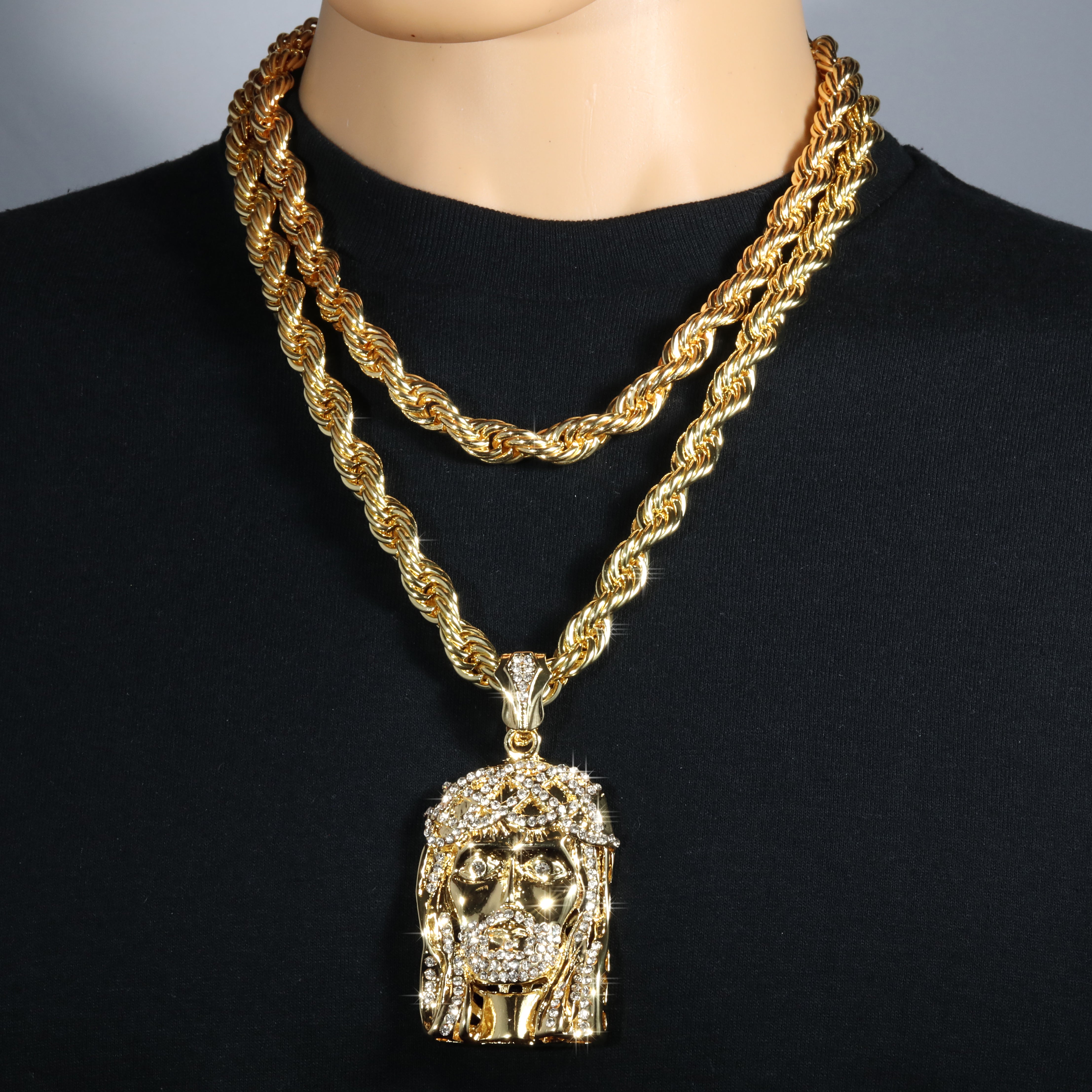 Jesus Piece Fully Iced Beard | 14K Rope Necklace Gold Plated 10mm