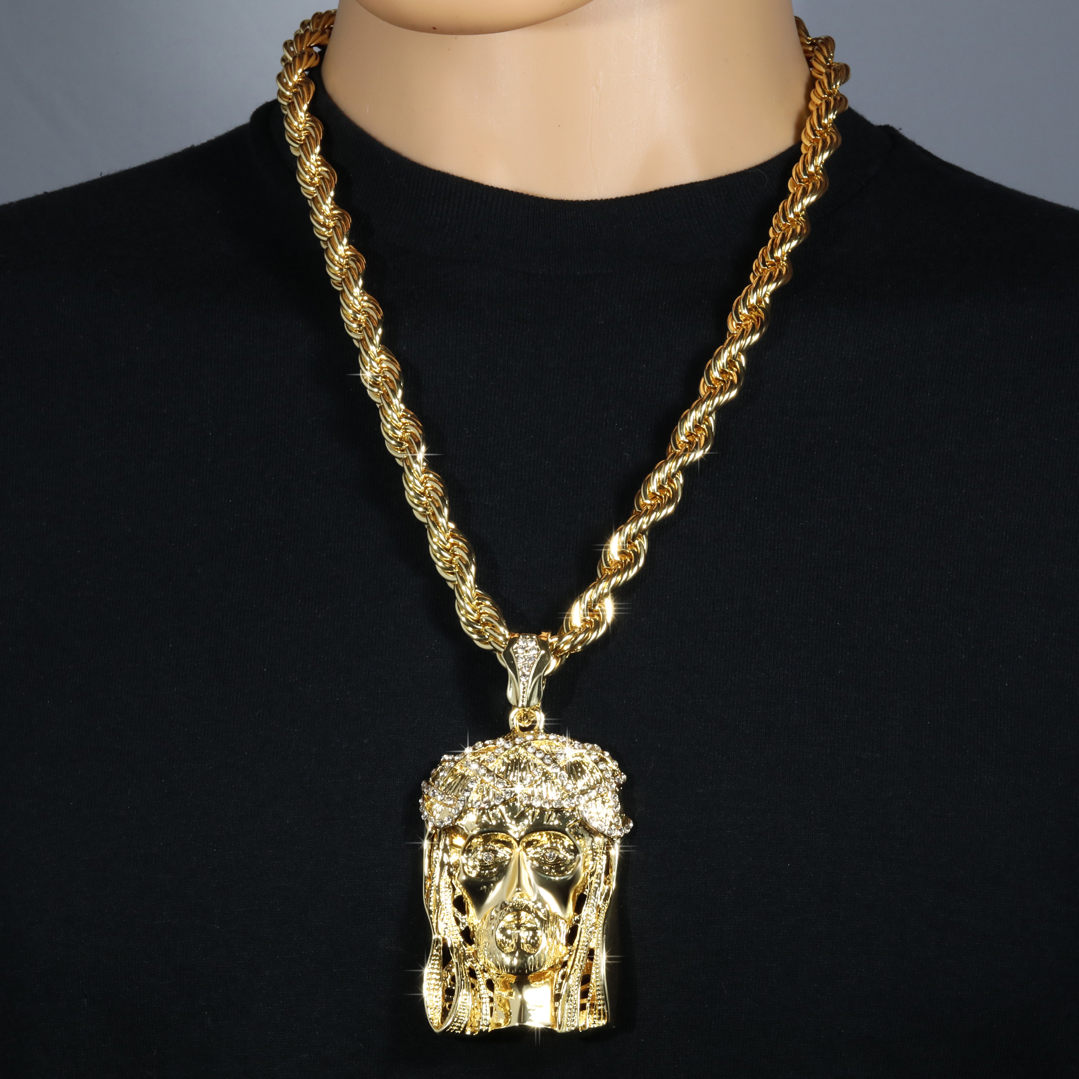 Crowned Jesus Piece Fully Iced | 10mm Rope Necklace Gold Plated