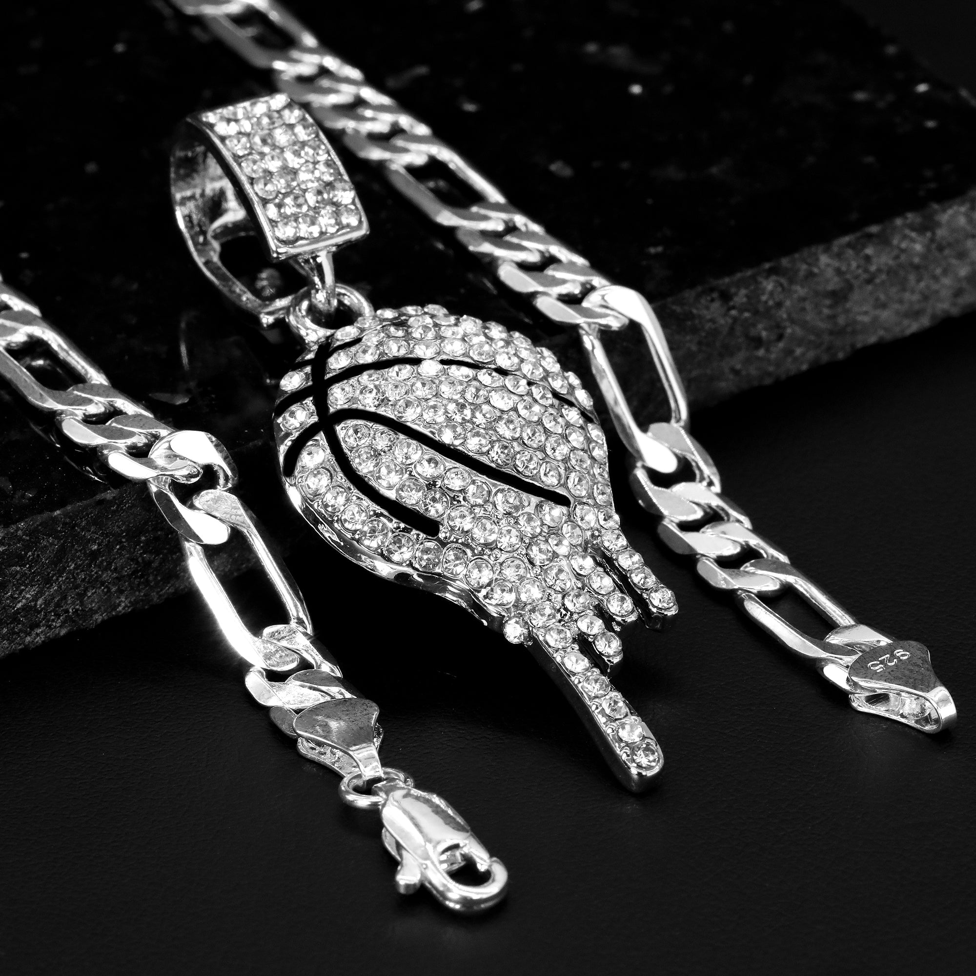 Cubic-Zirconia Drip Basketball Pendant Silver Plated 925 Figaro Choker 20" Chain