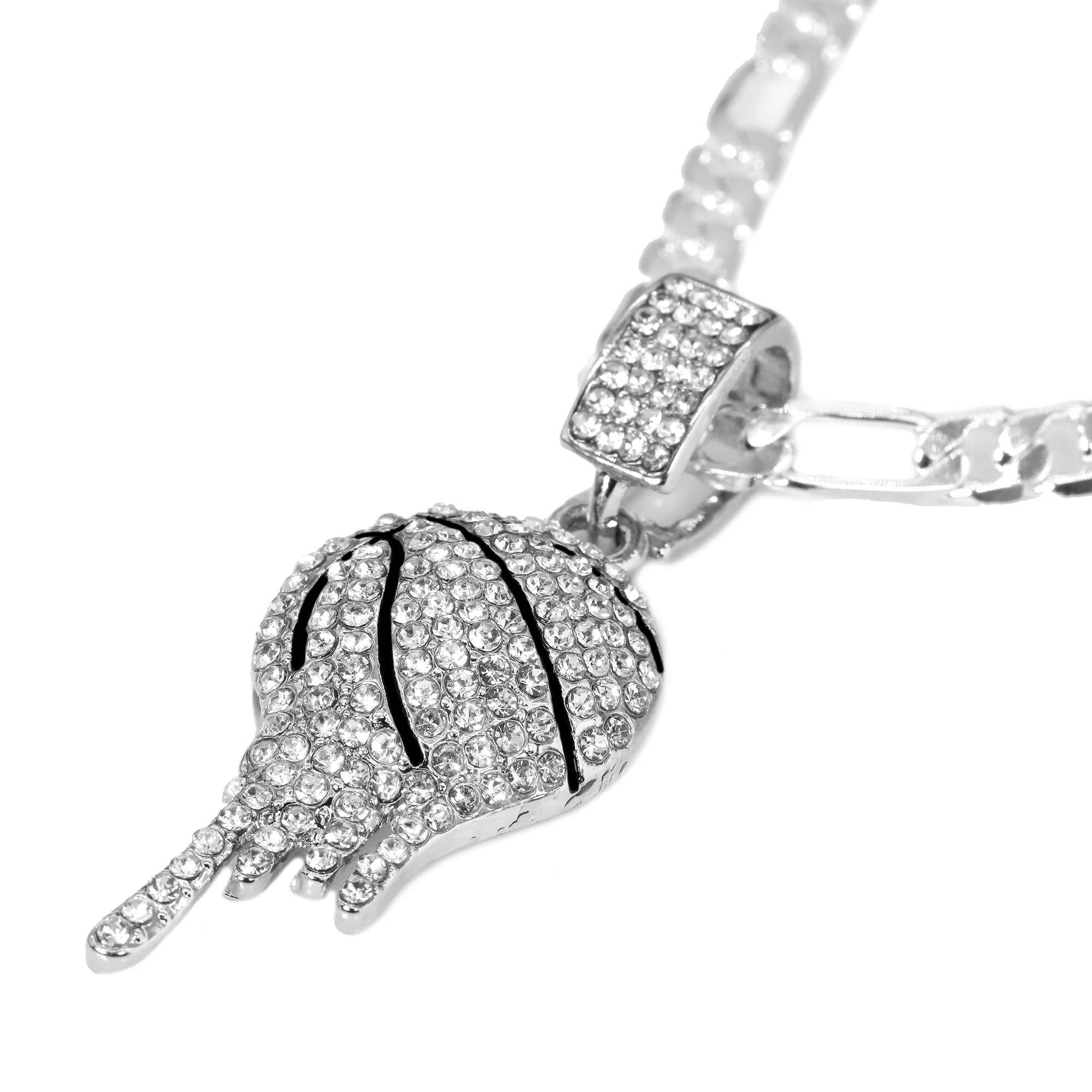 Cubic-Zirconia Drip Basketball Pendant Silver Plated 925 Figaro Choker 20" Chain
