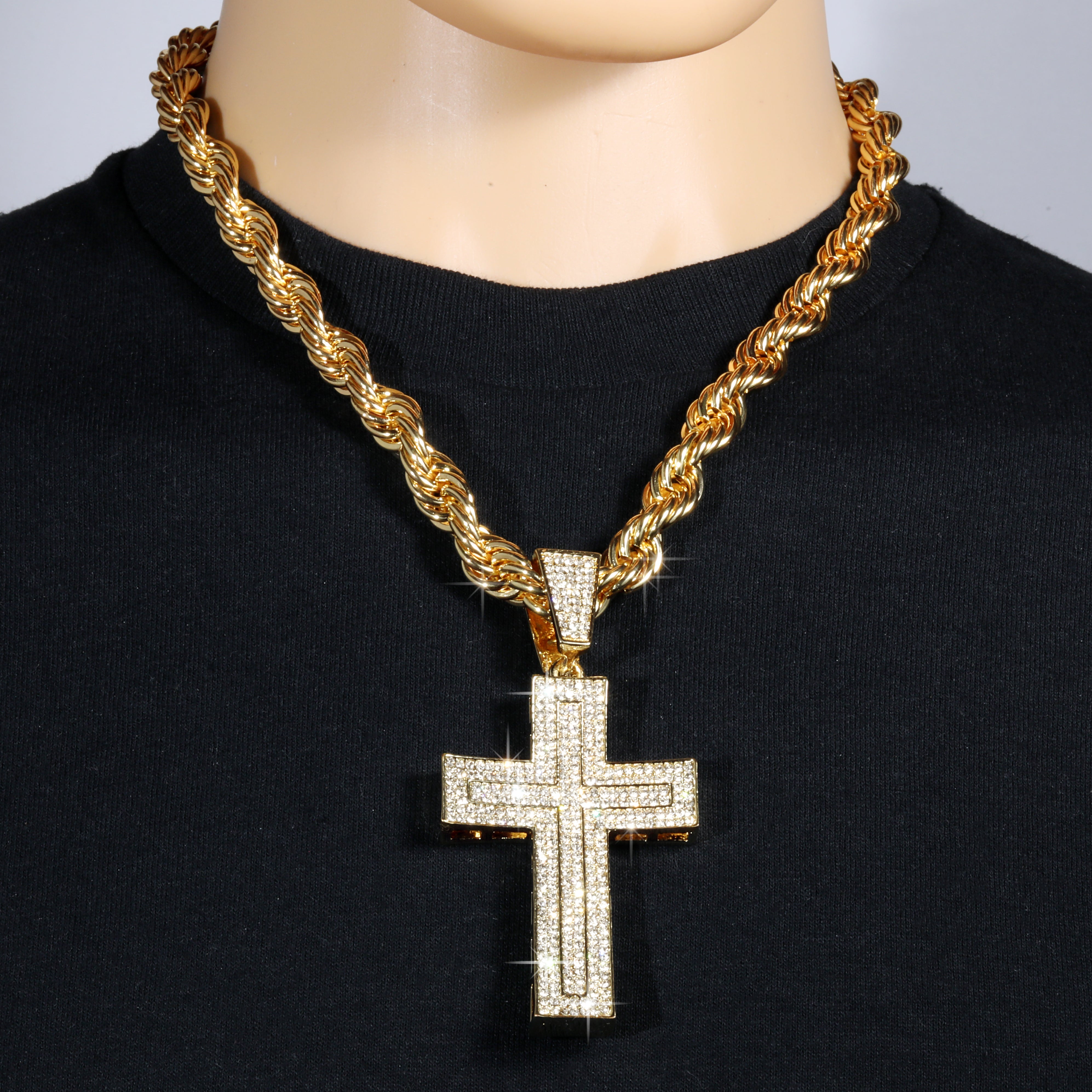 Curved Cross Fully Iced | 14K Rope Necklace Gold Plated 10mm