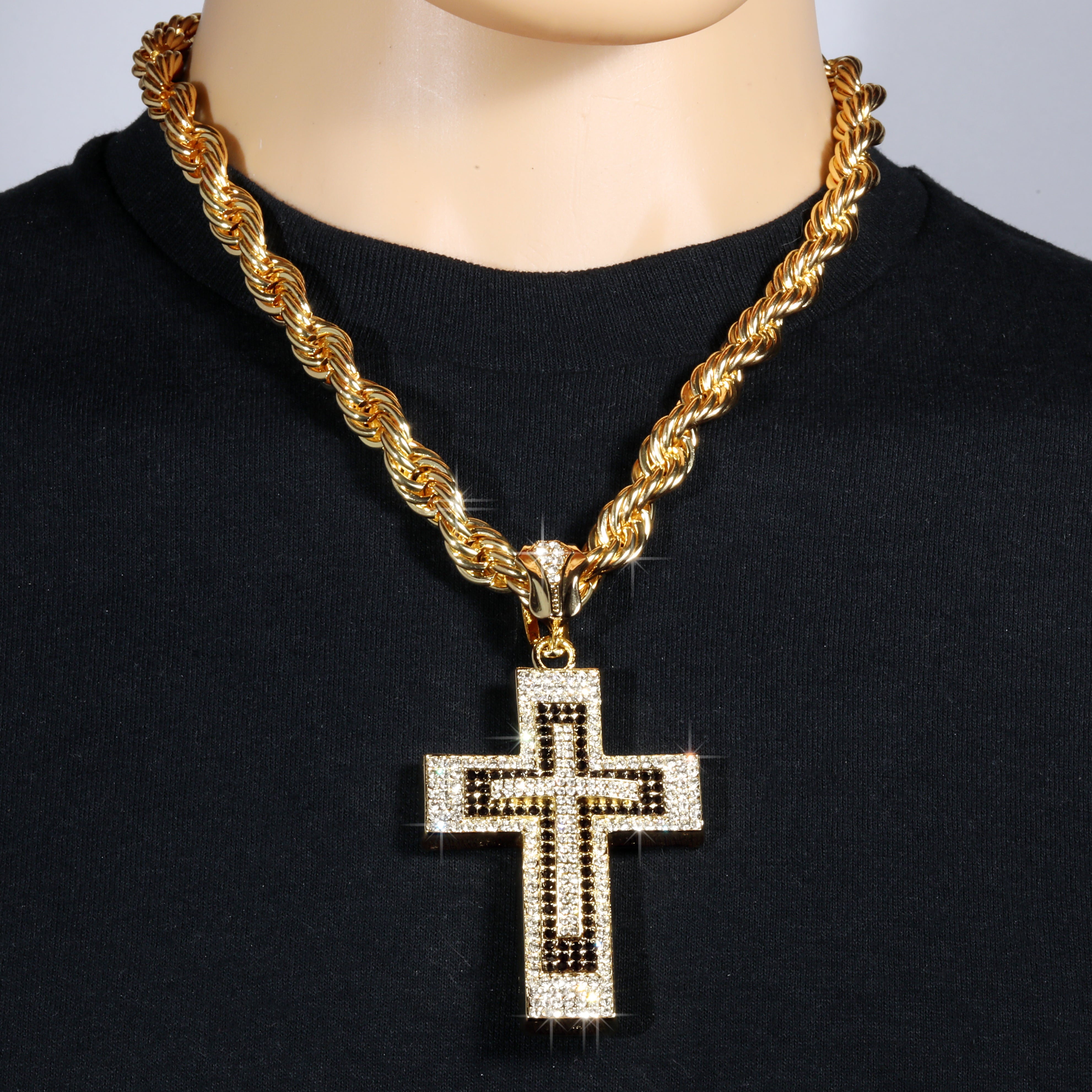 Latin Cross Fully Iced | 14K Rope Necklace Gold Plated 10mm