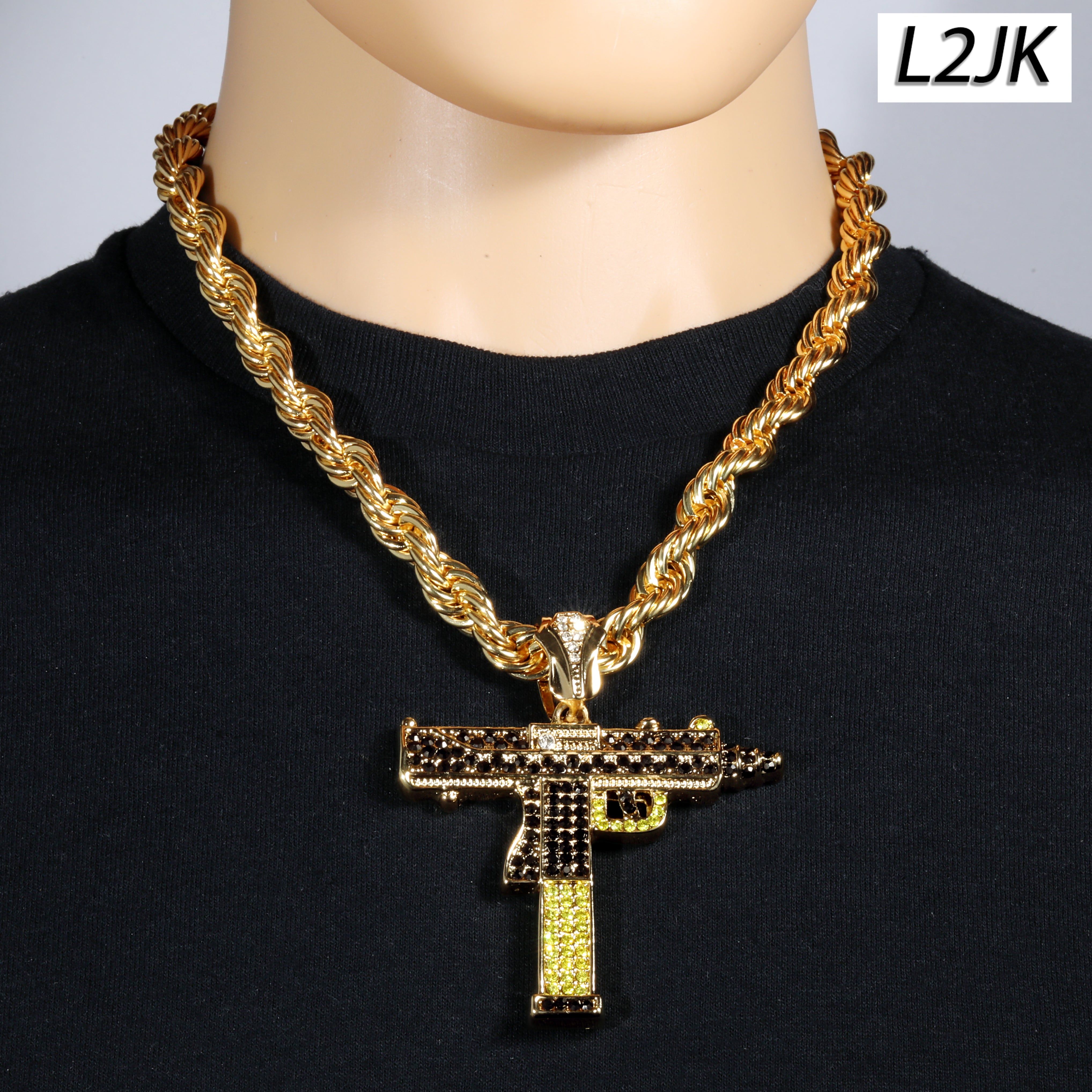 Two Tone Iced Uzi | 14K Rope Necklace Gold Plated 10mm