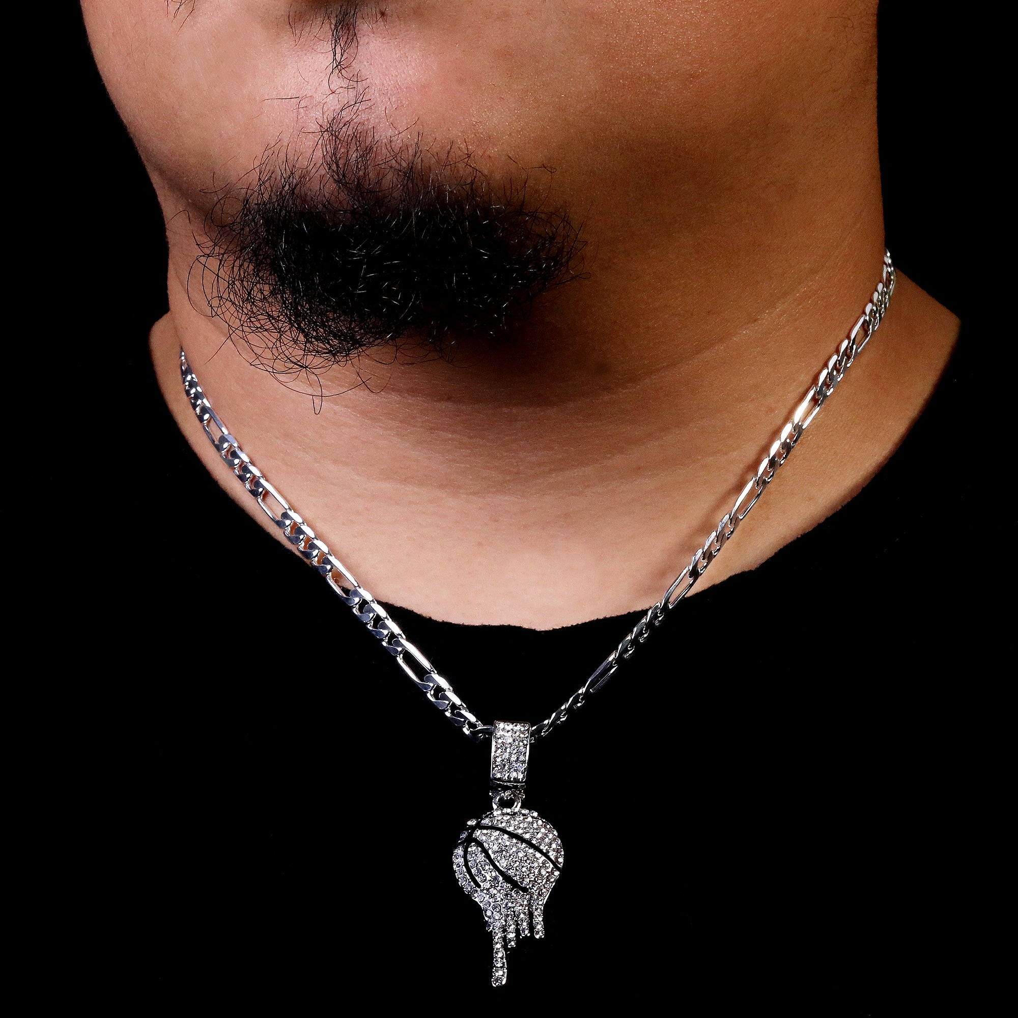Cubic-Zirconia Drip Basketball Pendant Silver Plated 925 Figaro Choker 20" Chain