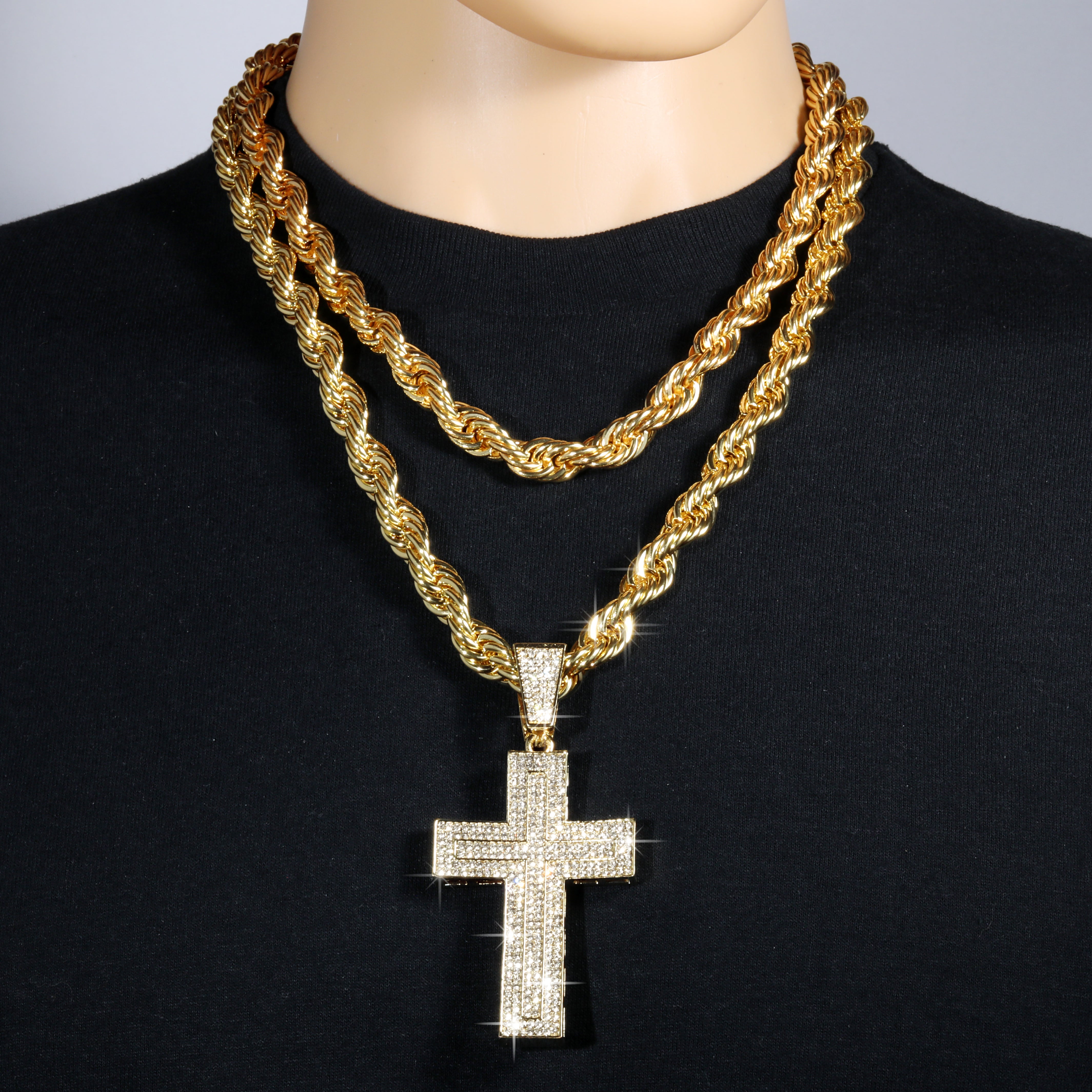 Curved Cross Fully Iced | 14K Rope Necklace Gold Plated 10mm
