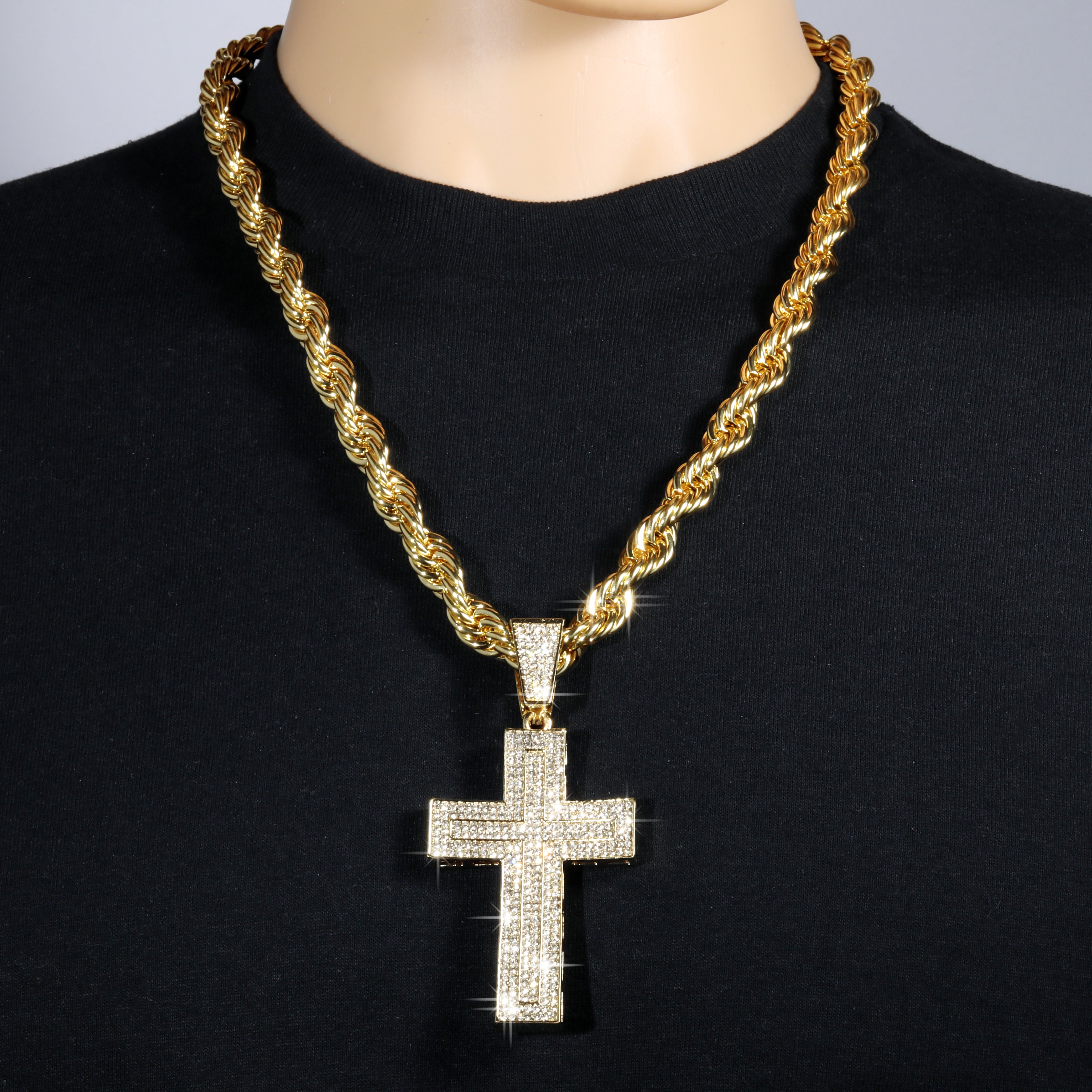 Curved Cross Fully Iced | 14K Rope Necklace Gold Plated 10mm