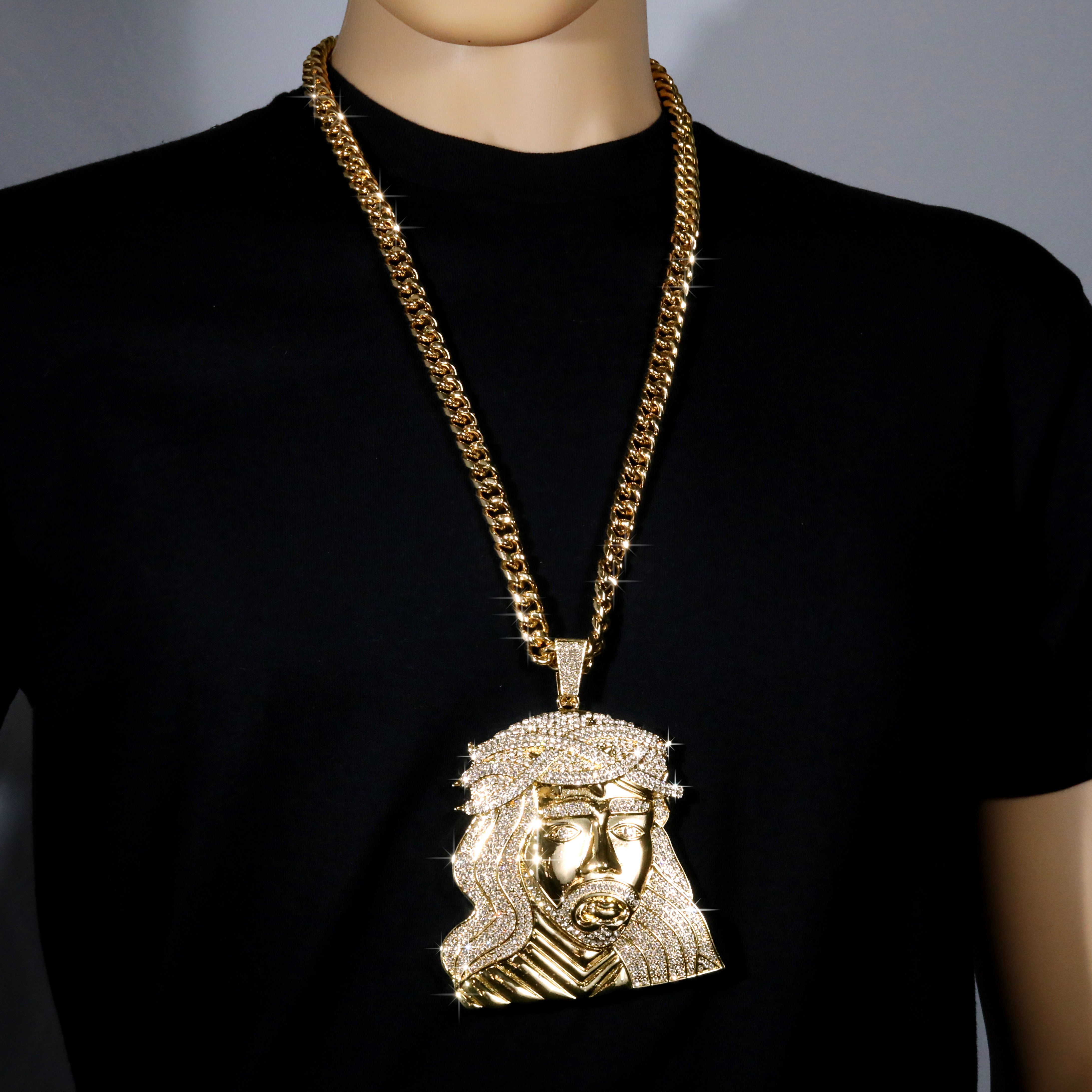 Huge XL - Curly Jesus Face Fully Iced | Curb Cuban Necklace Gold Plated