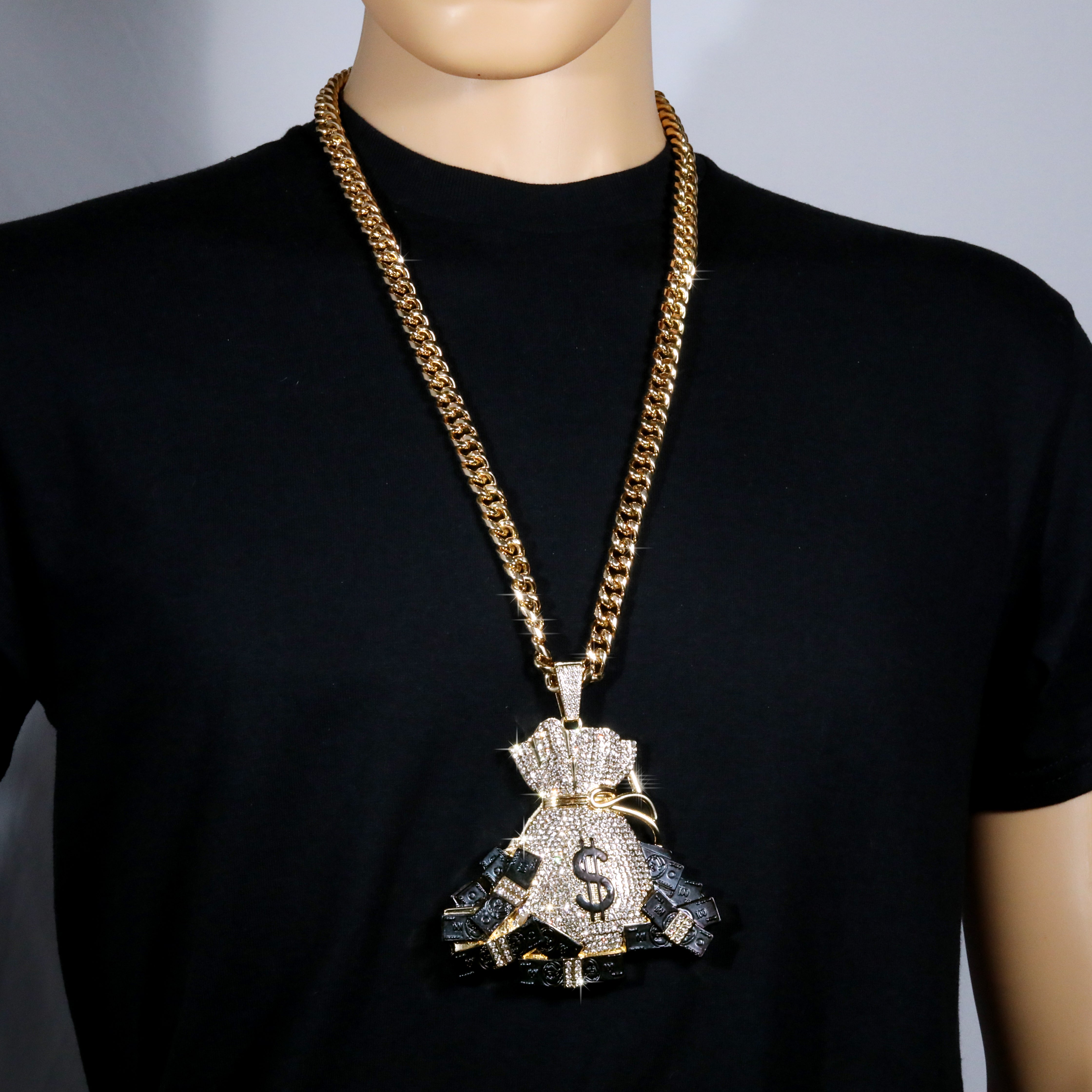 Huge XL - Cash Bag Money Sign Fully Iced | Curb Cuban Necklace Gold Plated