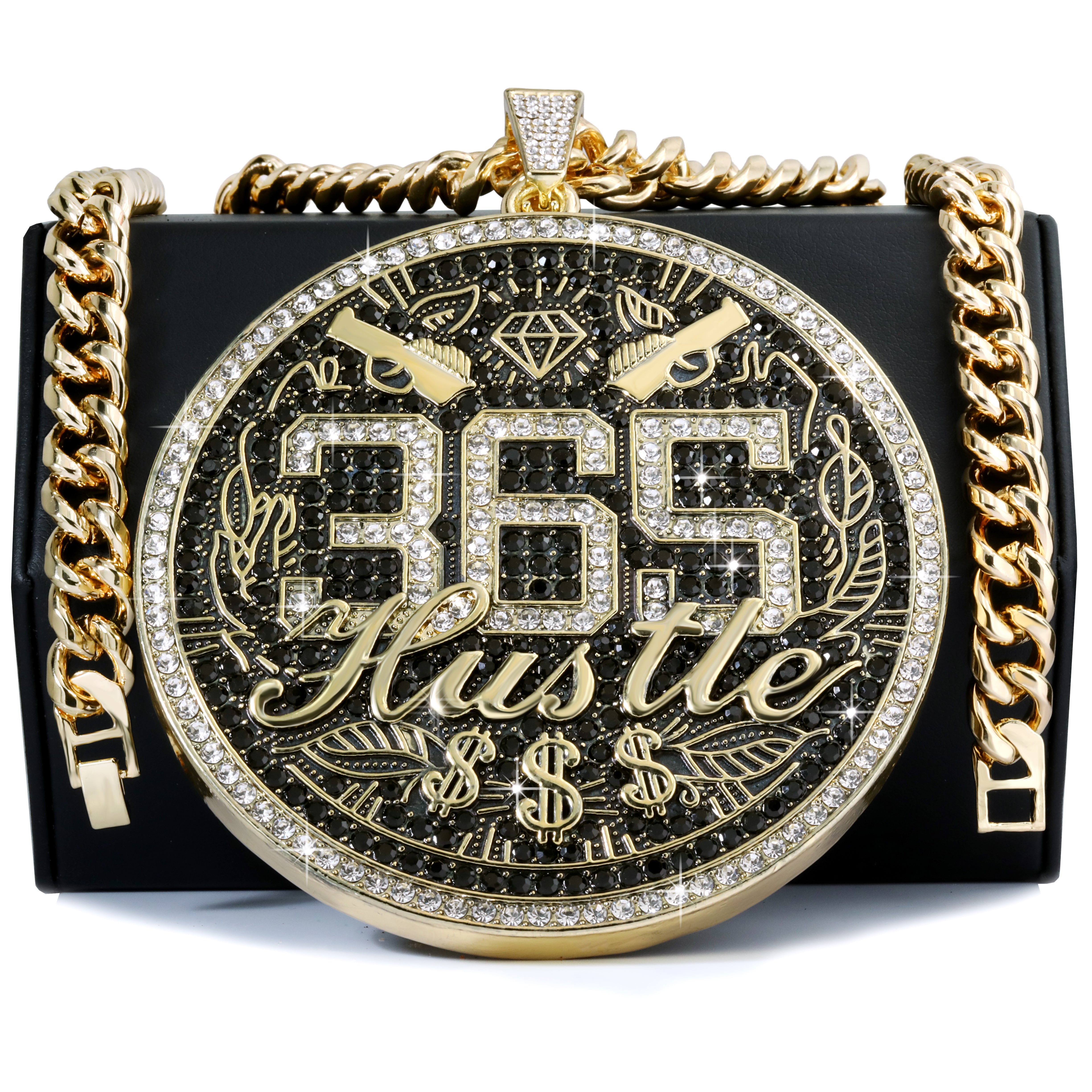 XL - 365 Hustle Medallion Fully Iced | Curb Cuban Necklace Gold Plated