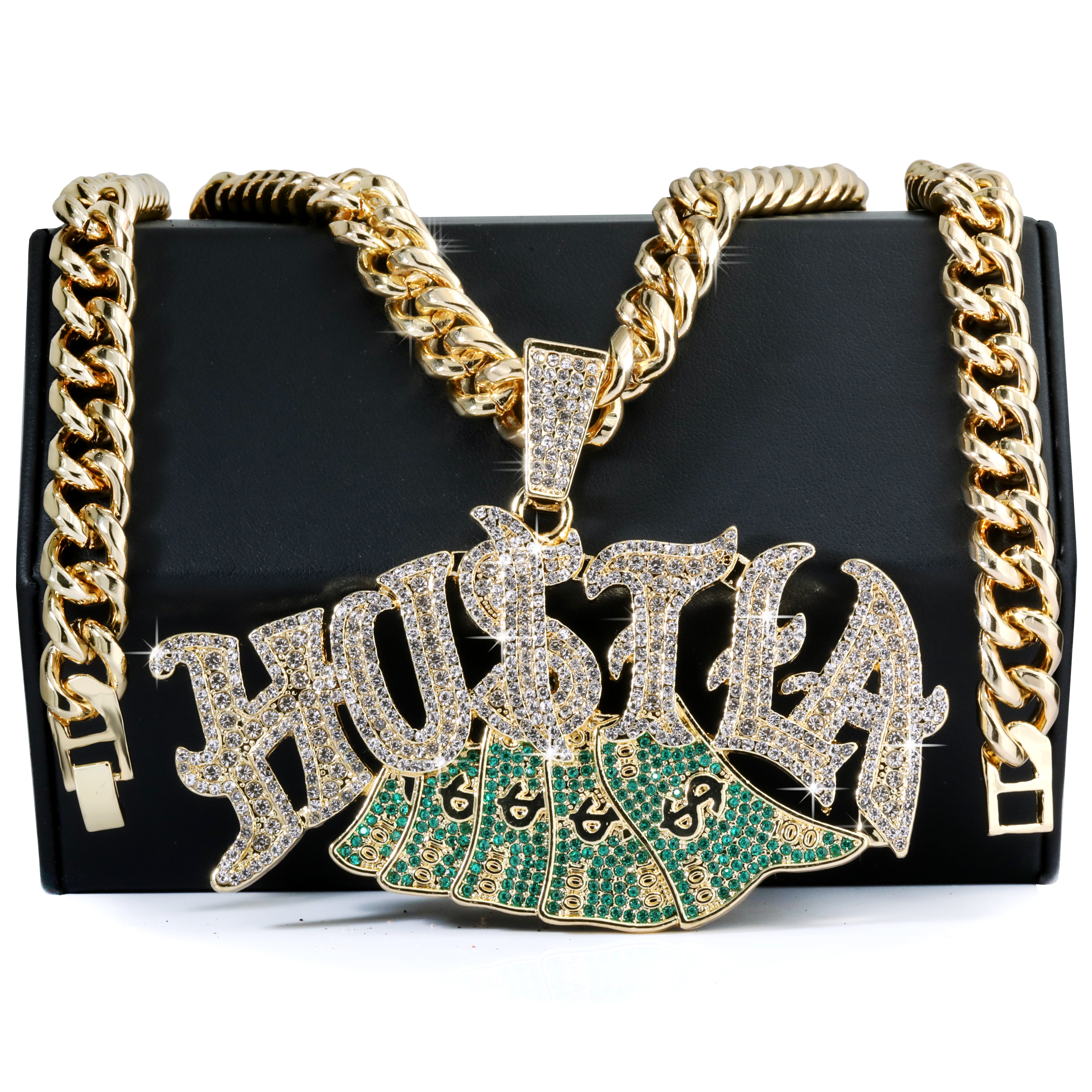 XL - Hustla Cash Money Fully Iced | Curb Cuban Necklace Gold Plated