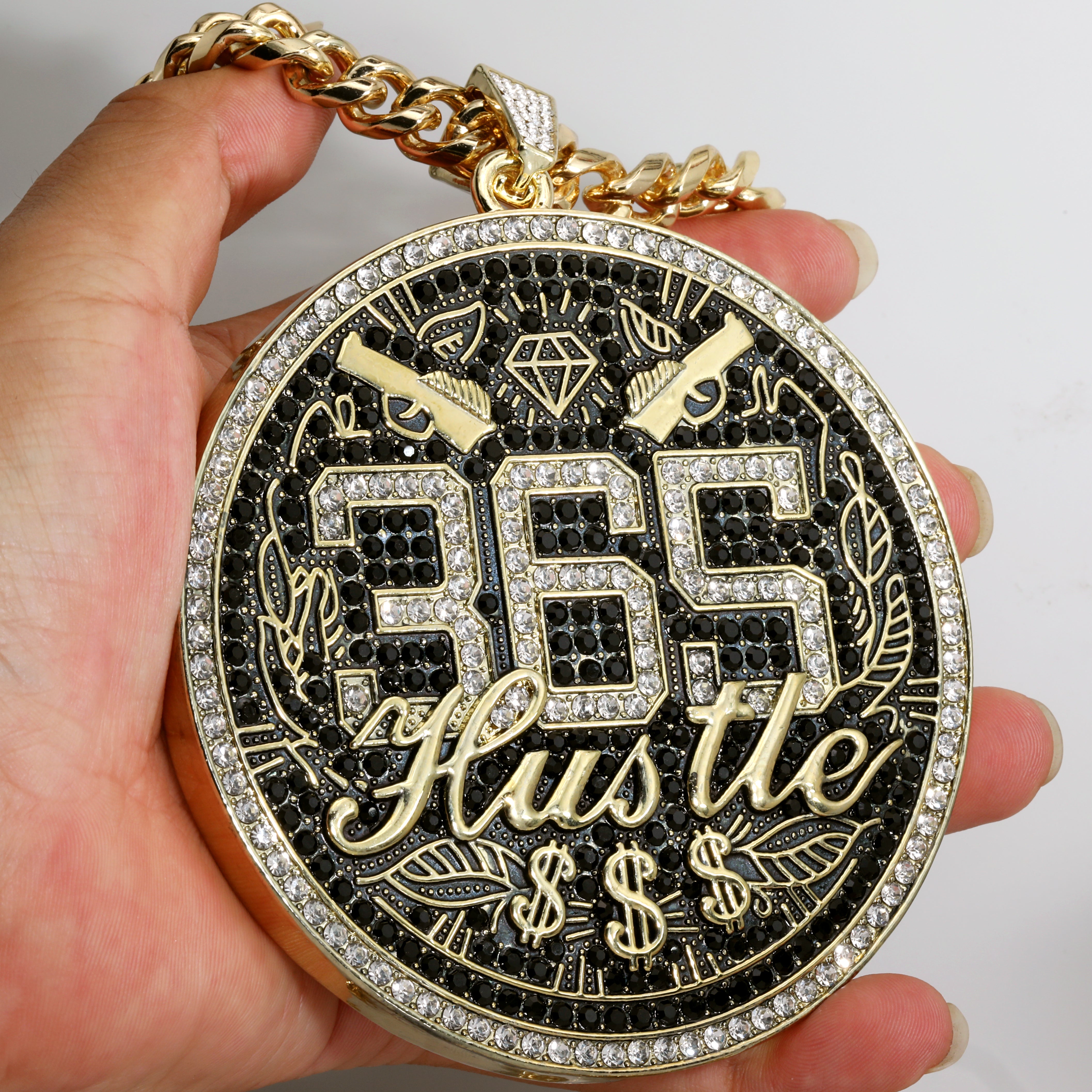 XL - 365 Hustle Medallion Fully Iced | Curb Cuban Necklace Gold Plated