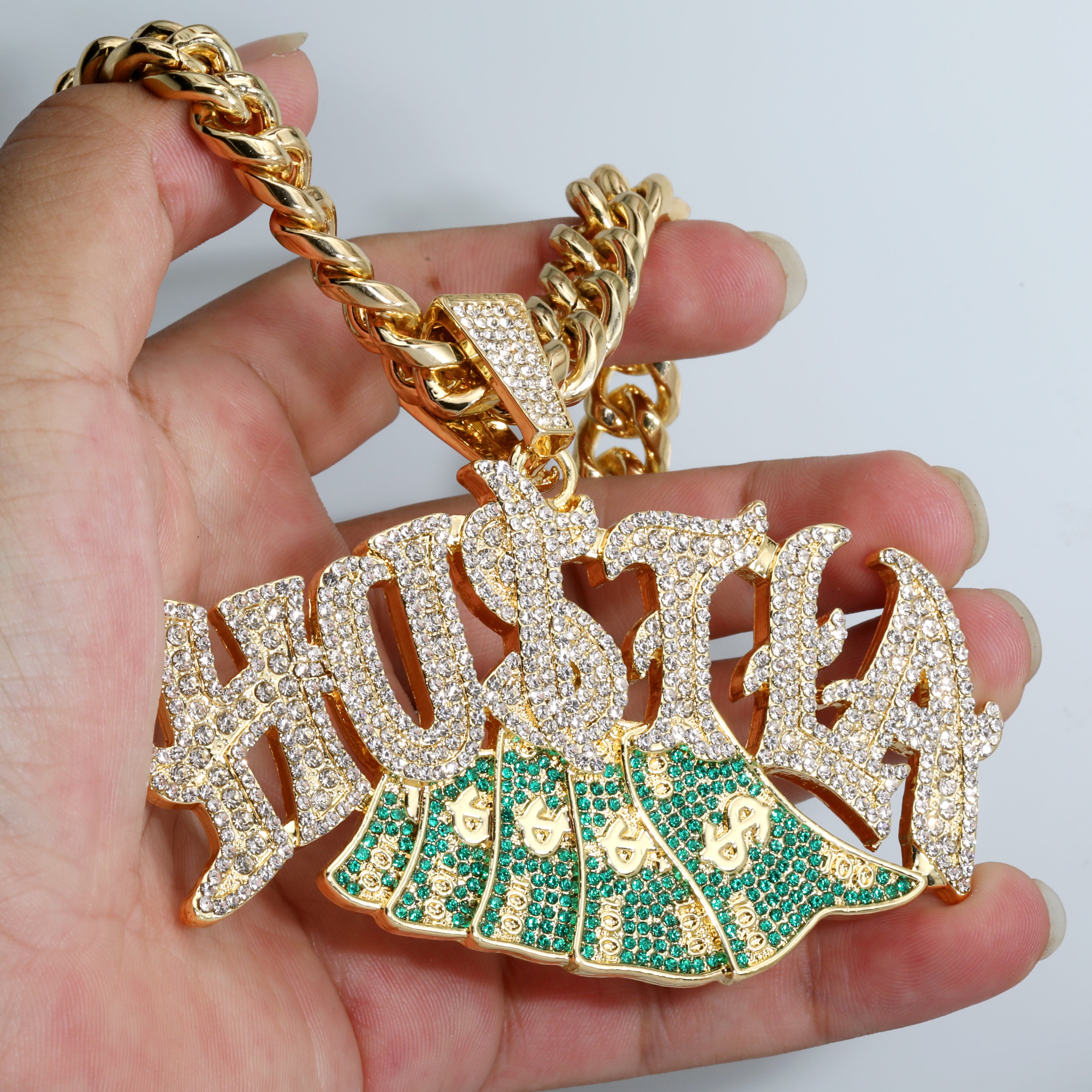 XL - Hustla Cash Money Fully Iced | Curb Cuban Necklace Gold Plated